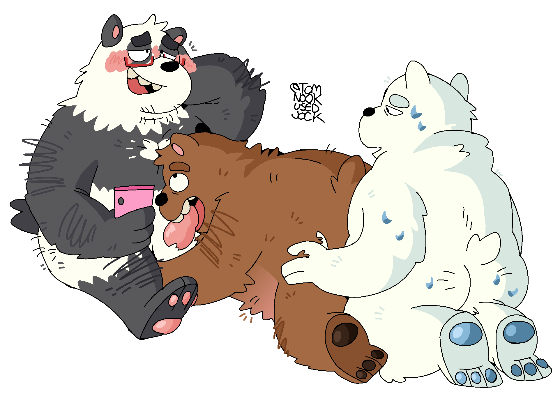 blush bodily_fluids cartoon_network fellatio furry grizzly_(wbb) group group_sex hi_res ice_bear incest_(lore) male male/male oral panda_(wbb) penile sex sweat technical_incest threesome tomnookusedjock toony trio we_bare_bears