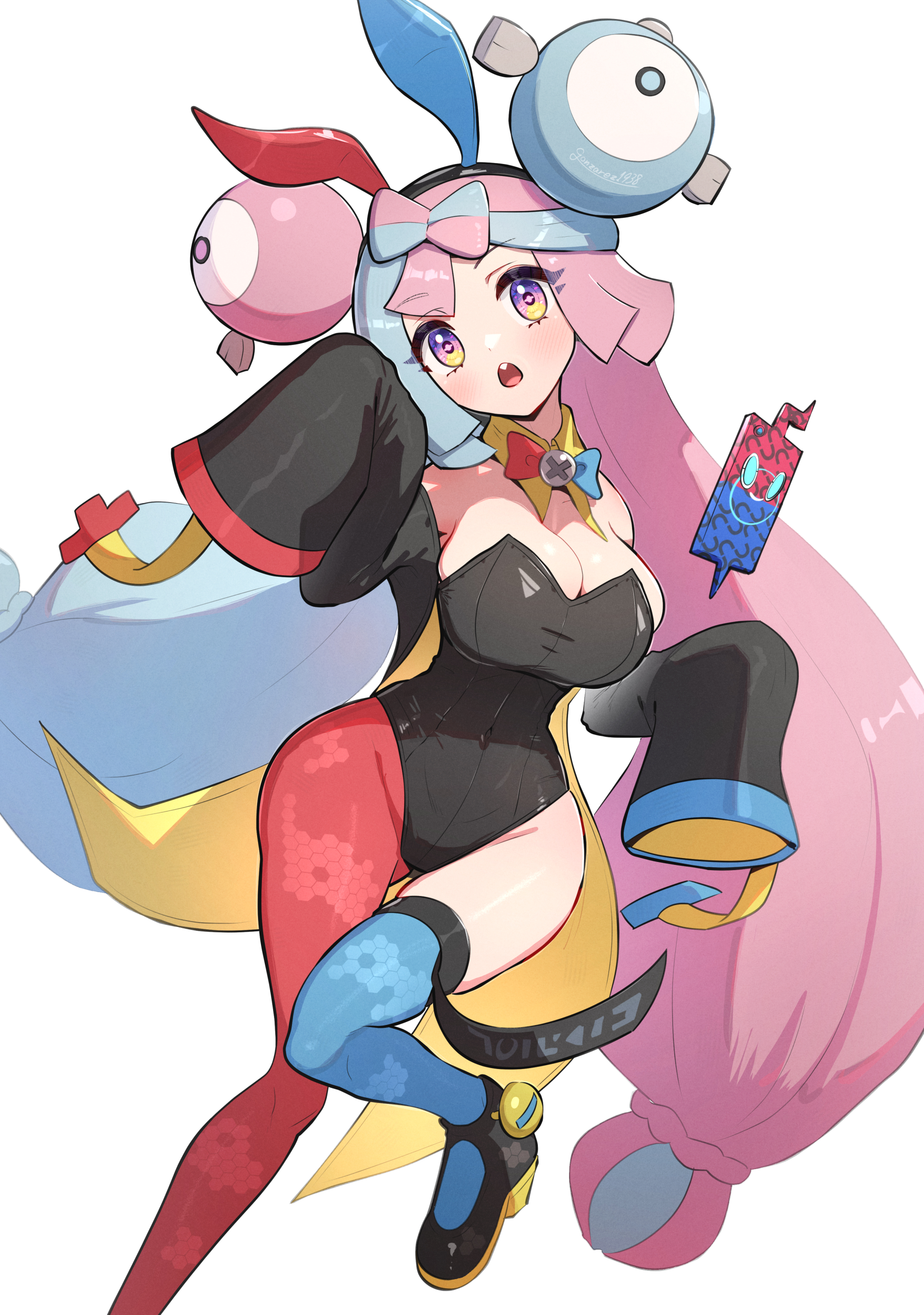 1girls, alternate breast size, blue hair, breasts, bunny ears, bunny girl, bunnysuit, female, gonzarez, gym leader, hi res, iono (pokemon), light skin, light-skinned female, long hair, nintendo, pantyhose, pink hair, pokemon, pokemon sv, simple background, single pantyhose, single thighhigh, thighhighs, twintails, two-tone hair