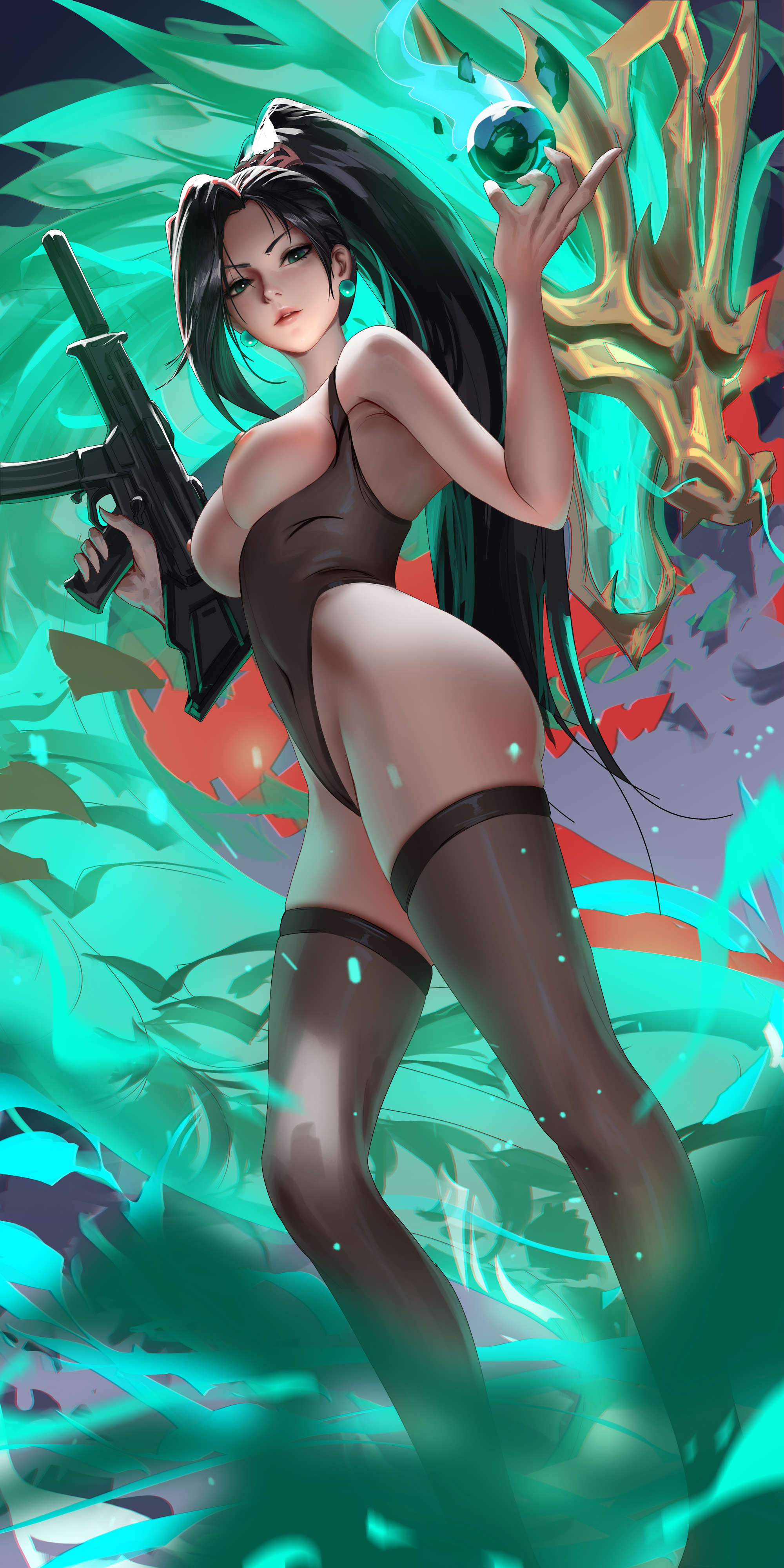 1girls, black hair, bodystocking, breasts, breasts out, curvy figure, female, female only, green eyes, gun, liang xing, ponytail, sage (valorant), side view, solo, stockings, tagme, valorant, very high resolution