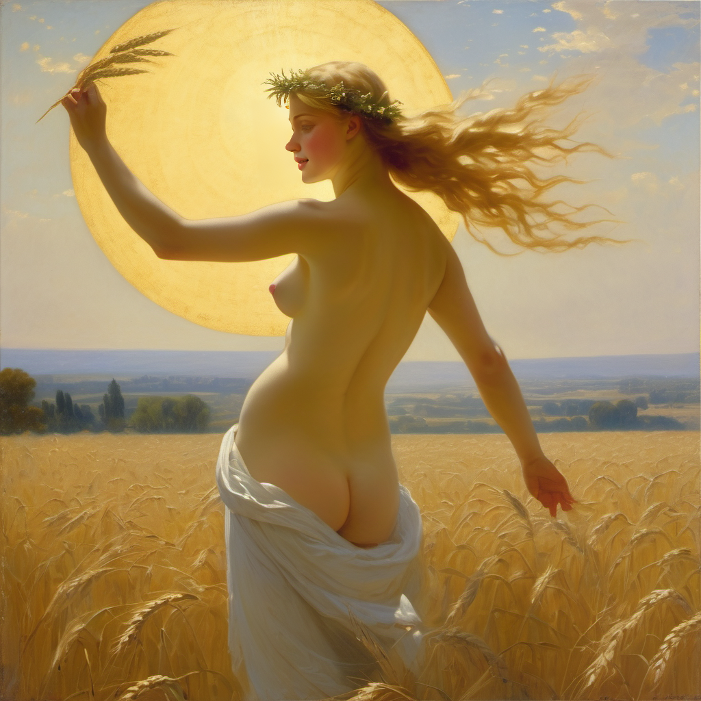 ai_generated ass back back_view blonde_hair blue_eyes curly_hair curvy field lips long_hair nude presenting realistic small_breasts smile solo sun wheat wheat_field william_bouguereau