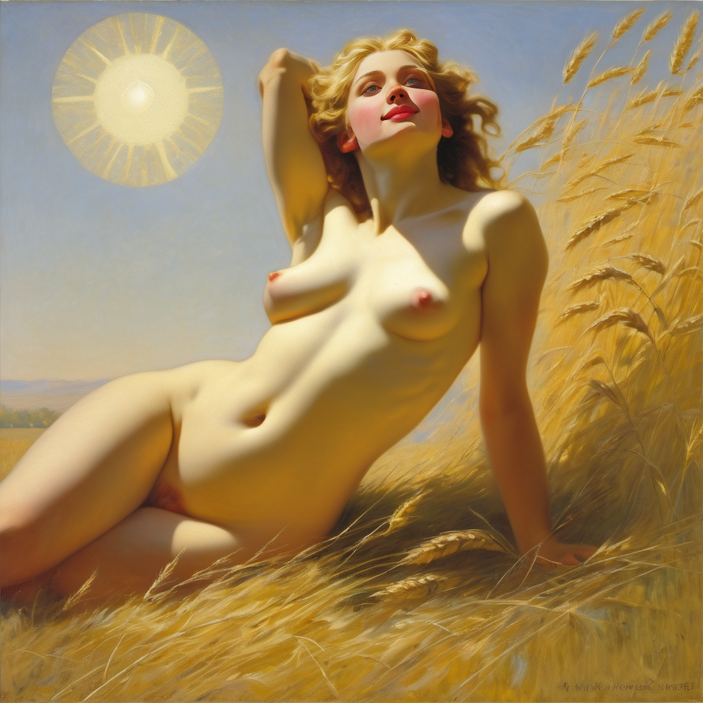 ai_generated belly blonde_hair blue_eyes breasts curly_hair curvy field lips long_hair medium_breasts navel nipples nude presenting pubic_hair realistic smile solo sun wheat wheat_field william_bouguereau