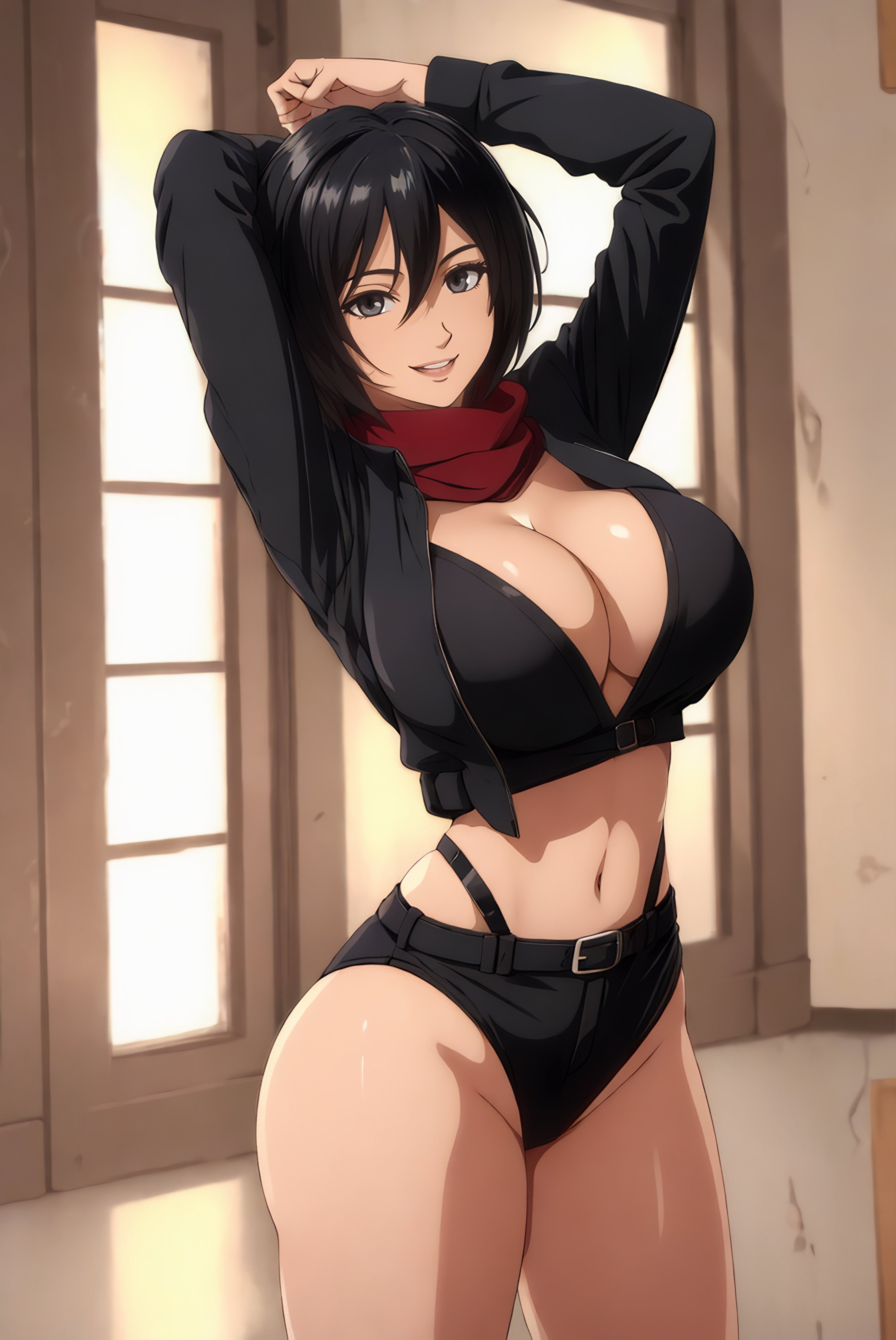 1girls, ai generated, attack on titan, big breasts, breasts, cleavage, female, generatornowai, looking at viewer, mikasa ackerman, short hair, short shorts, tagme