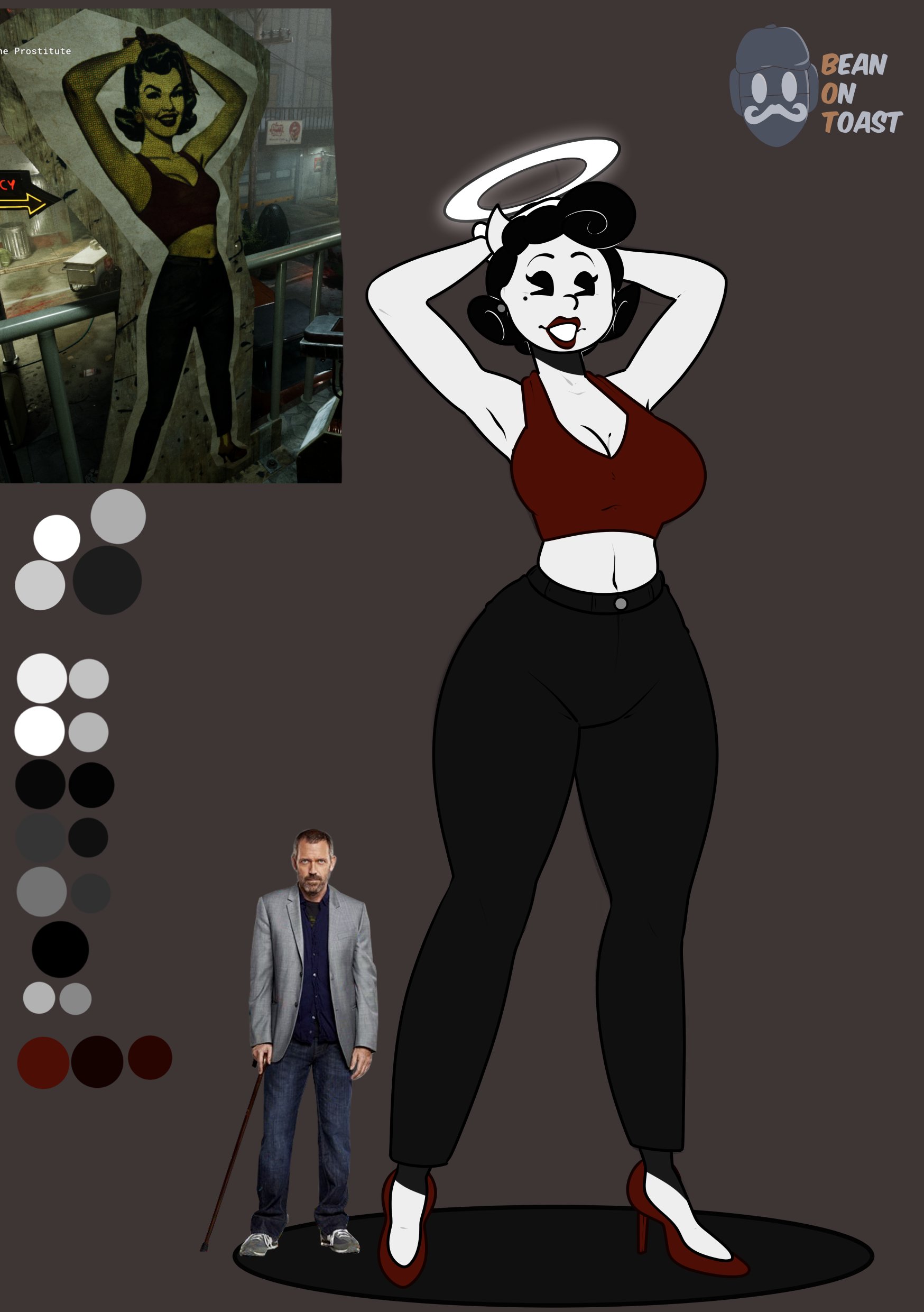 2026, 2d, 2d (artwork), 2d artwork, alice angel, artist logo, artist name, beanontoast, bendy and the dark revival, bendy and the ink machine, big breasts, black hair, black pants, female, gregory house, horns, house (series), outlast, thick thighs, white body