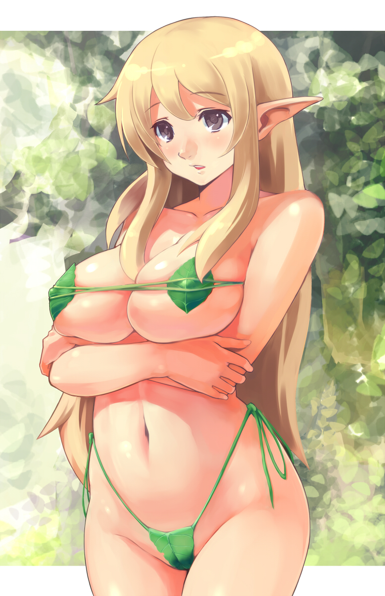 blonde blonde_female blonde_hair blonde_hair_female blush blushing brown_eyes elf elf_ears elf_female elf_girl female green_bikini green_swimsuit green_swimwear highleg highleg_bikini highleg_swimsuit leaf_bikini leaf_bra leaf_clothing leaf_on_breast leaf_on_crotch macho_edamatsu side_tie_bikini swimsuit swimwear