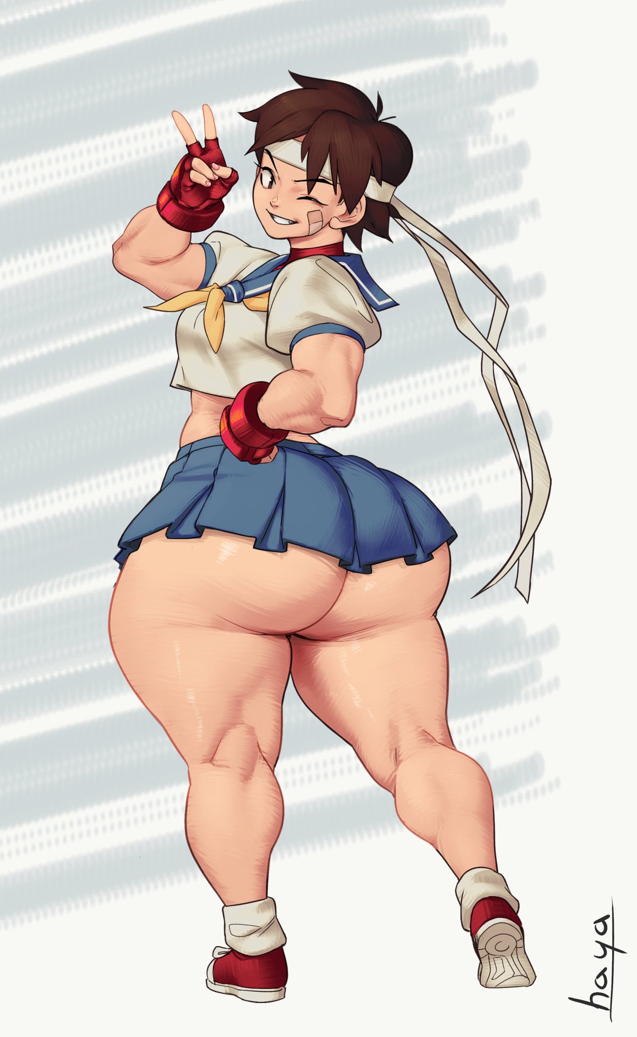 1girls ass bandaid big_ass bottom_heavy bottomless bottomless_skirt brown_hair crop_top female gloves hayabusart microskirt miniskirt muscles muscular_female no_panties peace_sign pear-shaped_figure pear_shaped pear_shaped_female sailor_uniform sakura_kasugano school_uniform skirt street_fighter thick_ass thick_thighs wink