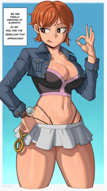 1girls, big breasts, bikini, bikini bottom, bikini top, breasts, cleavage, female, female only, large breasts, laughing, nami (one piece), navel, one piece, open mouth, orange eyes, orange hair, orange-haired female, pre-timeskip, soles, solo, solo focus, tattoo, thick thighs, thighs, wide hips