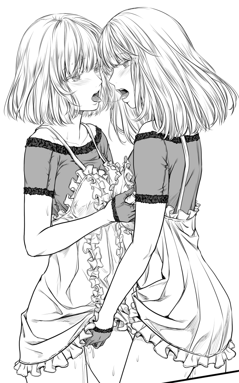 2girls after_kiss blush commentary_request cowboy_shot dress eye_contact fingering gloves grabbing grabbing_another's_breast greyscale highres incest looking_at_another medium_hair monochrome multiple_girls off-shoulder_shirt off_shoulder original pussy_juice saliva saliva_trail shirt short_sleeves siblings sisters sweat takekawa_shin tongue tongue_out twins vaginal_penetration yuri