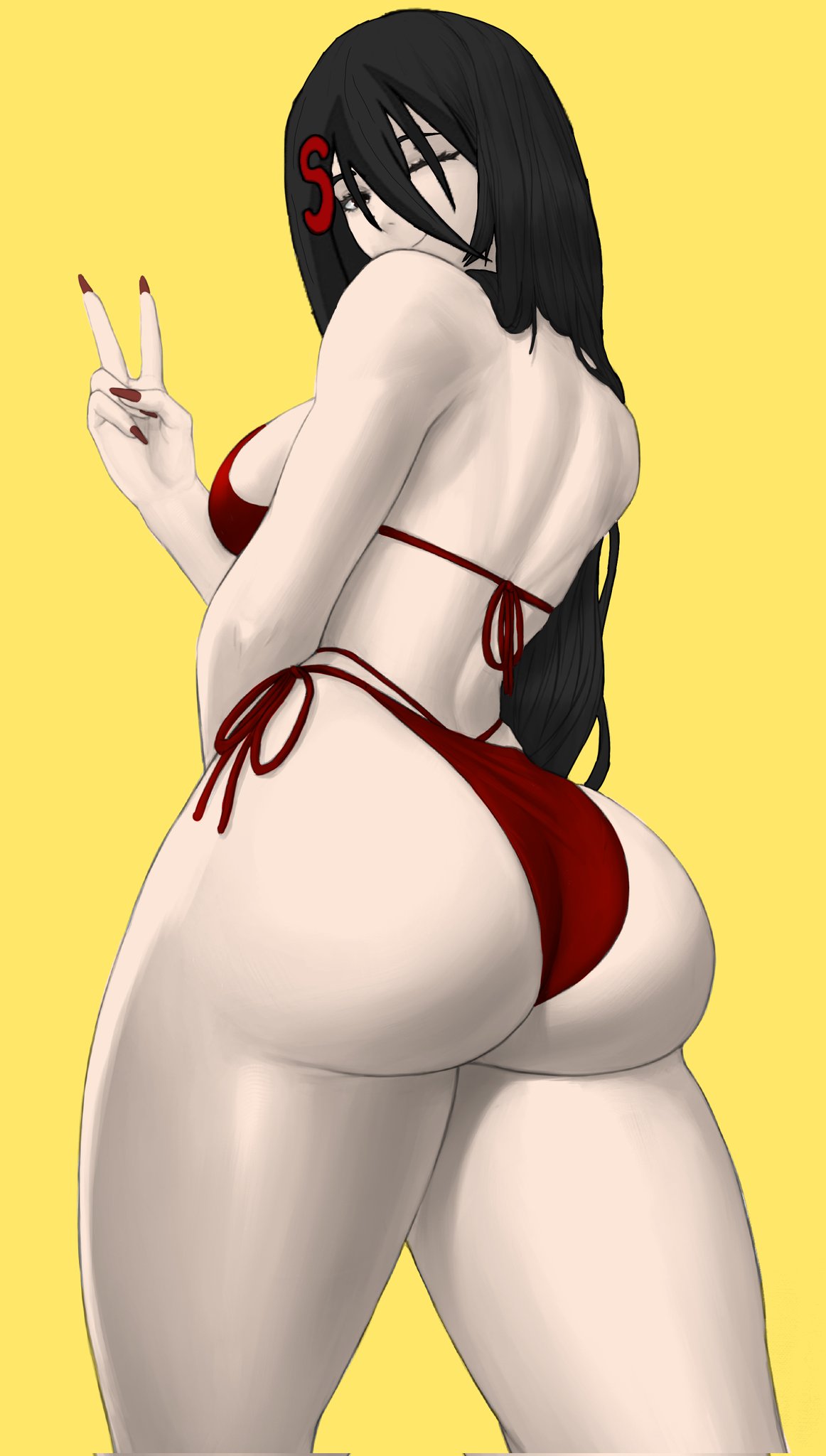 1girls beelceteam beelceverse big_ass bikini bikini_top black_hair dat_ass hair_ornament huge_ass jackreaper long_hair looking_back peace_sign thick_legs