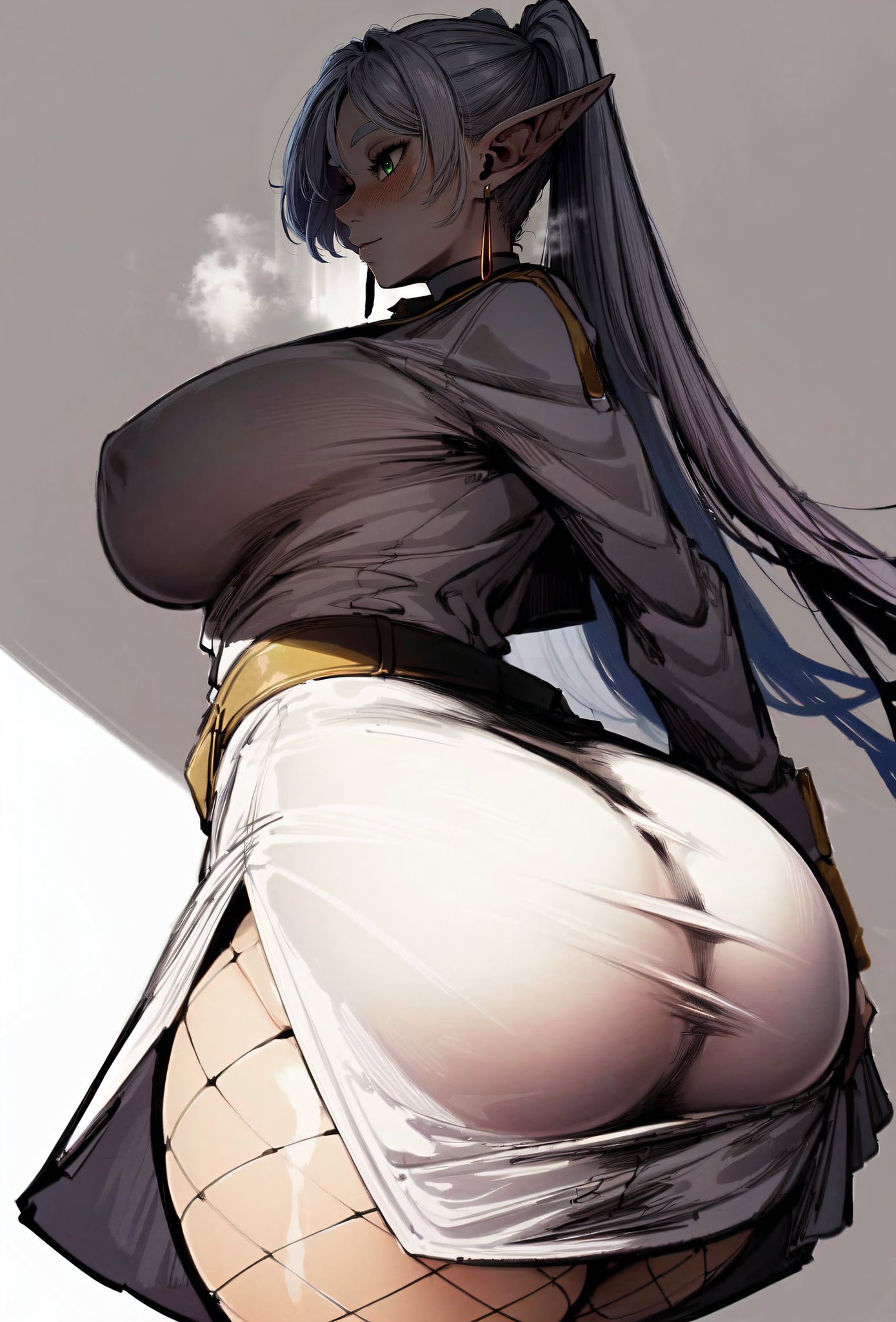 1girls, 2d, ai generated, alternate ass size, alternate body type, alternate breast size, ass, belt, big ass, big breasts, blush, breasts, dress, earrings, facing away, fat ass, female, fishnet legwear, fishnet pantyhose, fishnet stockings, fishnets, frieren, gigantic ass, green eyes, heavenly ass, hpeq, huge ass, huge breasts, large ass, large breasts, long hair, nipple bulge, pointy ears, side view, sideboob, silver hair, slave handles, solo, source, sousou no frieren, steam, steamy breath, thick ass, tied hair, twintails