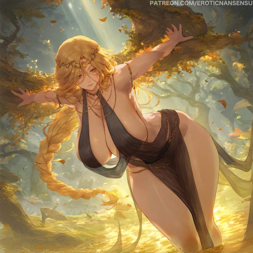 1girls ai_assisted ai_generated artist_name bare_arms bare_legs bare_shoulders blonde_hair braid braided_ponytail circlet curvy dress elden_ring erotic_nansensu floating_hair fromsoftware gold_(metal) gold_jewelry hanging_breasts huge_breasts jewelry large_breasts leaning_forward light-skinned_female light_rays light_skin nature necklace outstretched_arms partially_submerged patreon_username petals queen_marika_the_eternal see-through see-through_clothing solo url very_long_hair water wide_hips yellow_eyes