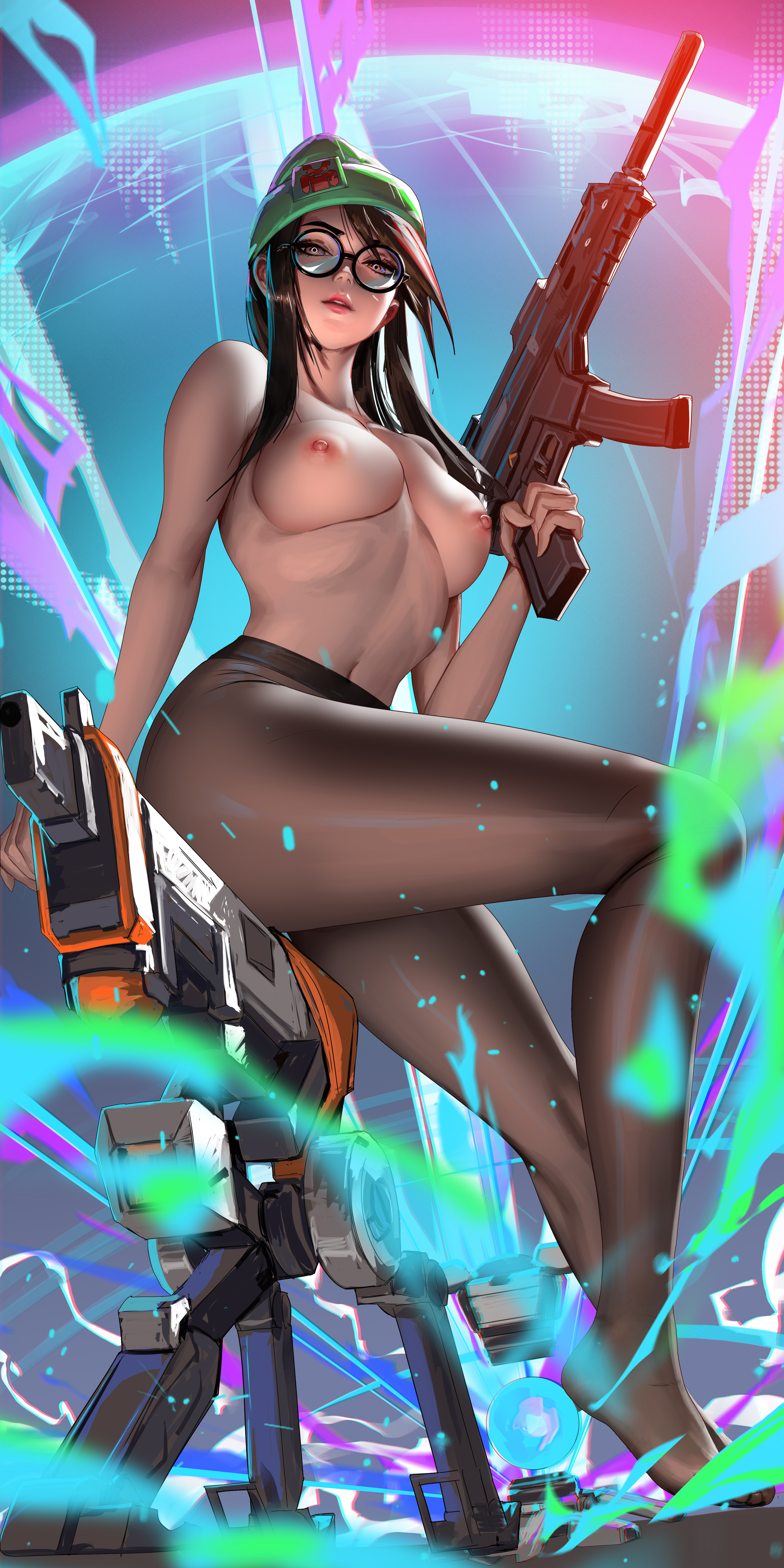 1girls, assault rifle, beanie, big breasts, breasts, curvy figure, female, glasses, gun, killjoy (valorant), large breasts, legs, legwear, liang xing, pantyhose, sitting, solo, stockings, tagme, thick thighs, thighs, topless, valorant, very high resolution