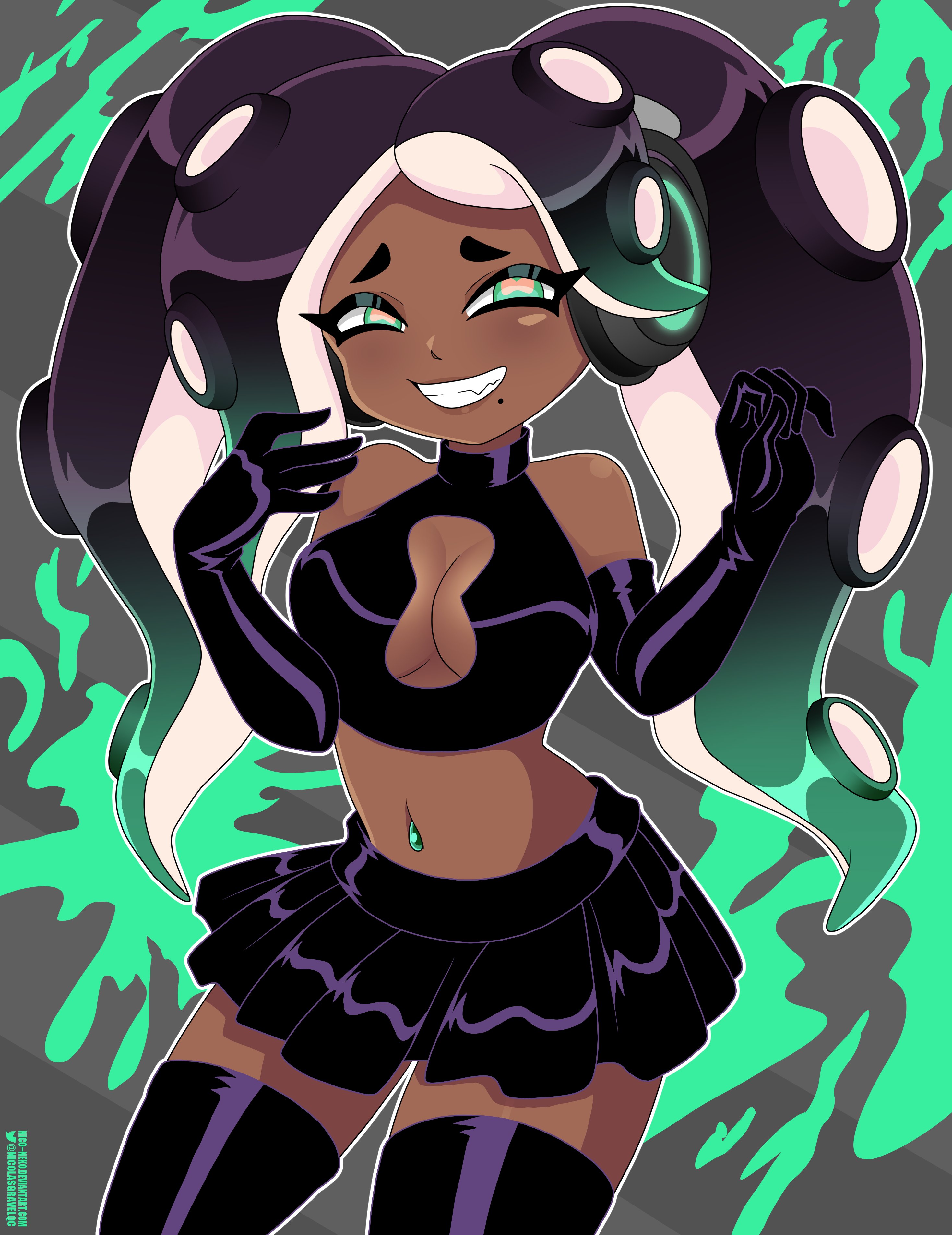 1girls, alternate costume, alternate hairstyle, artist name, black skirt, black thighhighs, boob window, breasts, cleavage, dark skin, dark-skinned female, female, headphones, long hair, looking at viewer, marina (splatoon), mole, mole under mouth, navel, navel piercing, nico-neko, nicolasgravelqc, skirt, solo, solo female, solo focus, splatoon, splatoon (series), splatoon 2, tentacle, tentacle hair, thighhighs, twintails