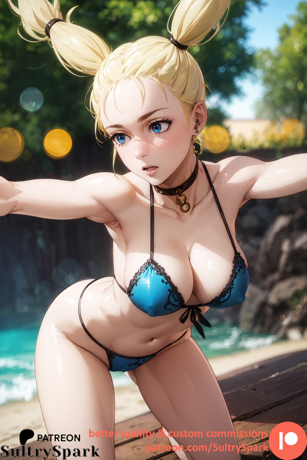 1girls ai_generated bikini blonde_hair choker commission female jujutsu_kaisen nishimiya_momo patreon patreon_username solo sultryspark twintails yellow_hair