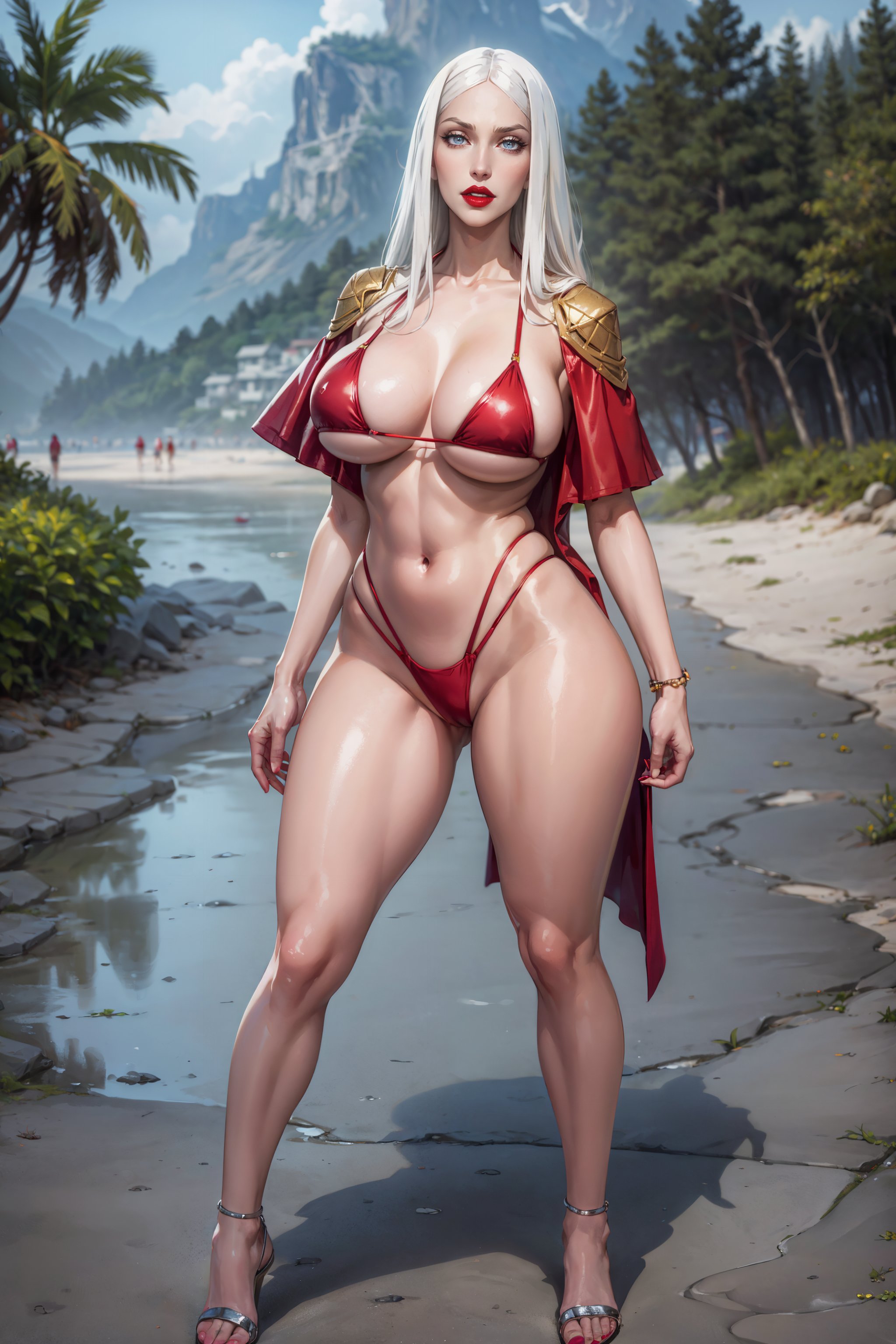 1girls, ai generated, bikini, breasts, carmilla (castlevania), castlevania, castlevania (netflix), female, female only, high heels, large breasts, league69, long hair, looking at viewer, oudon, solo, standing, tagme, white hair