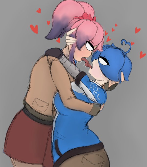 blue_jacket female_only fully_clothed glitch_productions hearts hearts_around_head kissing lesbian_kiss lesbian_sex love love_hearts meta_runner saiko_bichitaru_(smg4) simple_background smg4 tari_(smg4) thesushisensei tongue tongue_kiss yuri