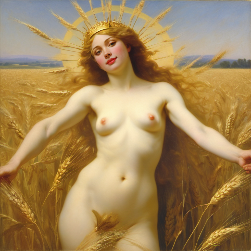 ai_generated belly blonde_hair blue_eyes breasts convenient_censoring crown curly_hair curvy field halo lips long_hair navel nipples nude presenting realistic small_breasts smile solo sun wheat wheat_field william_bouguereau