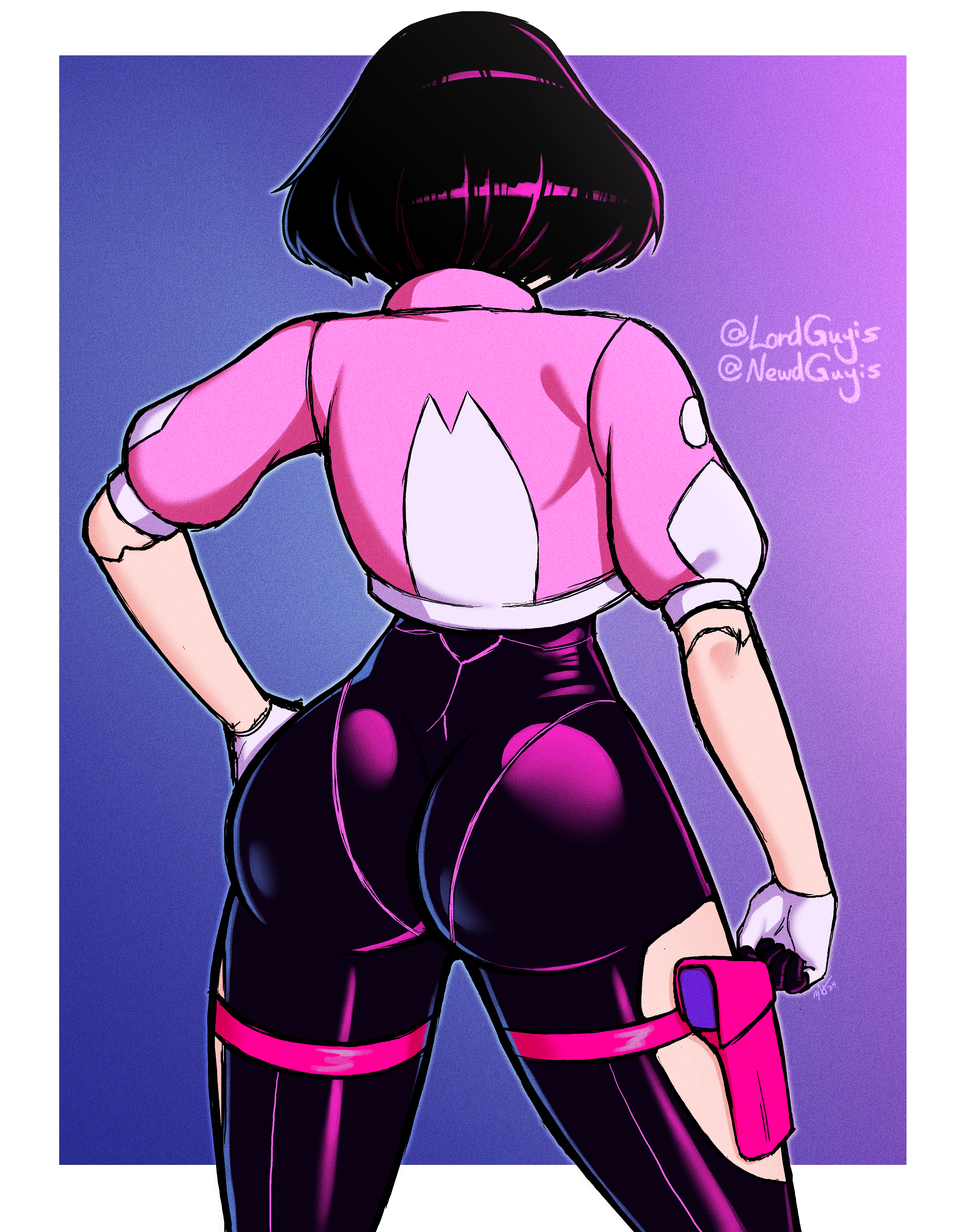 1girls, alternate version available, ass, ass focus, big ass, black hair, bob cut, bodysuit, commission, cyberpunk (series), cyberpunk 2077, cyberpunk: edgerunners, female, jacket, looking away, lordguyis, rear view, sasha yakovleva, solo, solo female, text, tight clothing