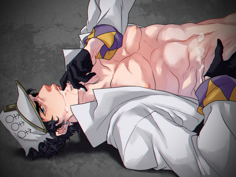 1boy black_gloves cum diamond_is_unbreakable dilf gloves jojo's_bizarre_adventure jotaro_kujo less_end licking_finger male male_nipples male_only muscular_male open_mouth pecs solo