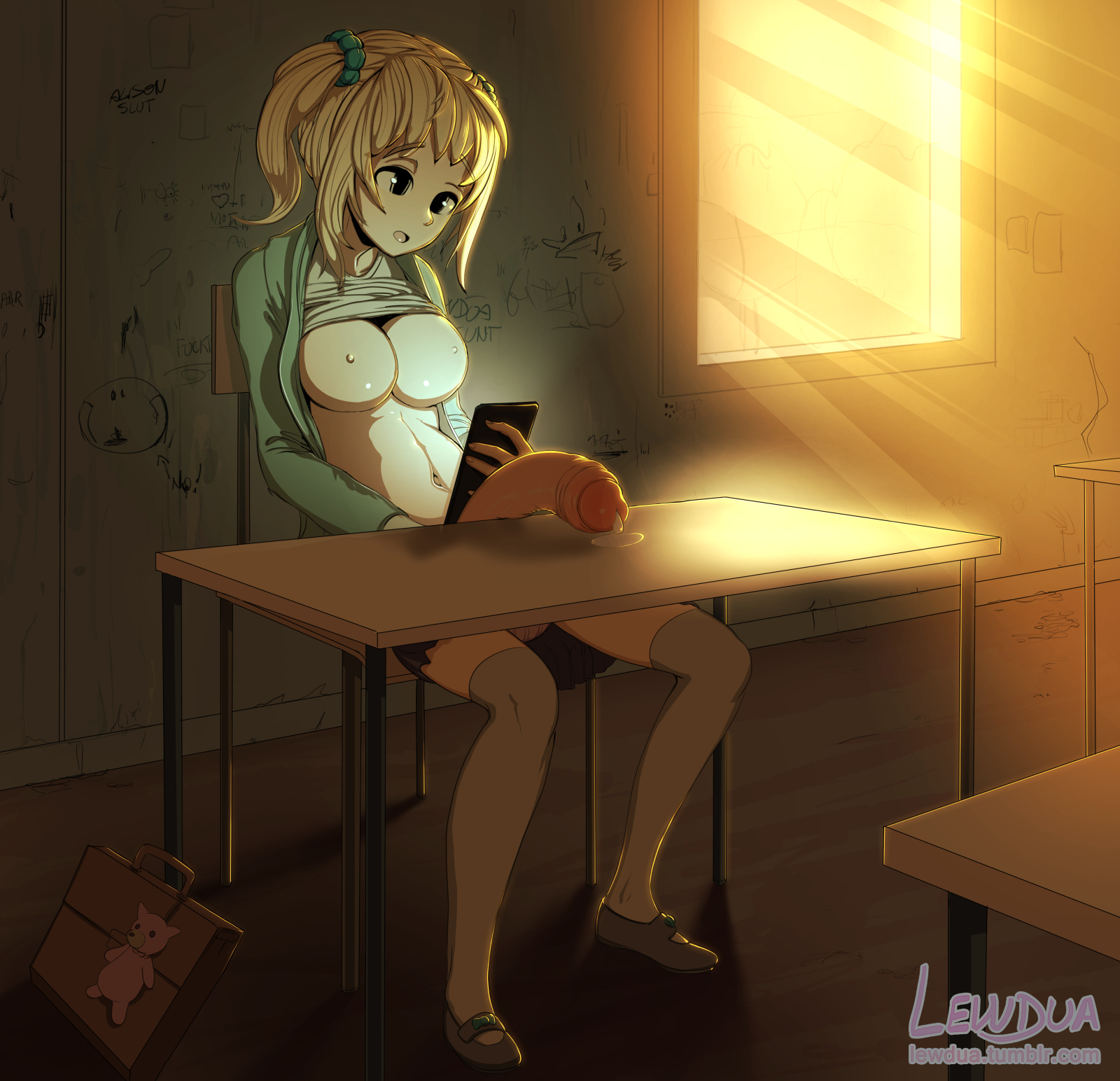 1futa, areolae, breasts, clothing, cum, erection, futa only, futanari, huge cock, intersex, lewdua, nessie (lewdua), nipples, original, penis, shirt lift, skirt, solo, solo futa