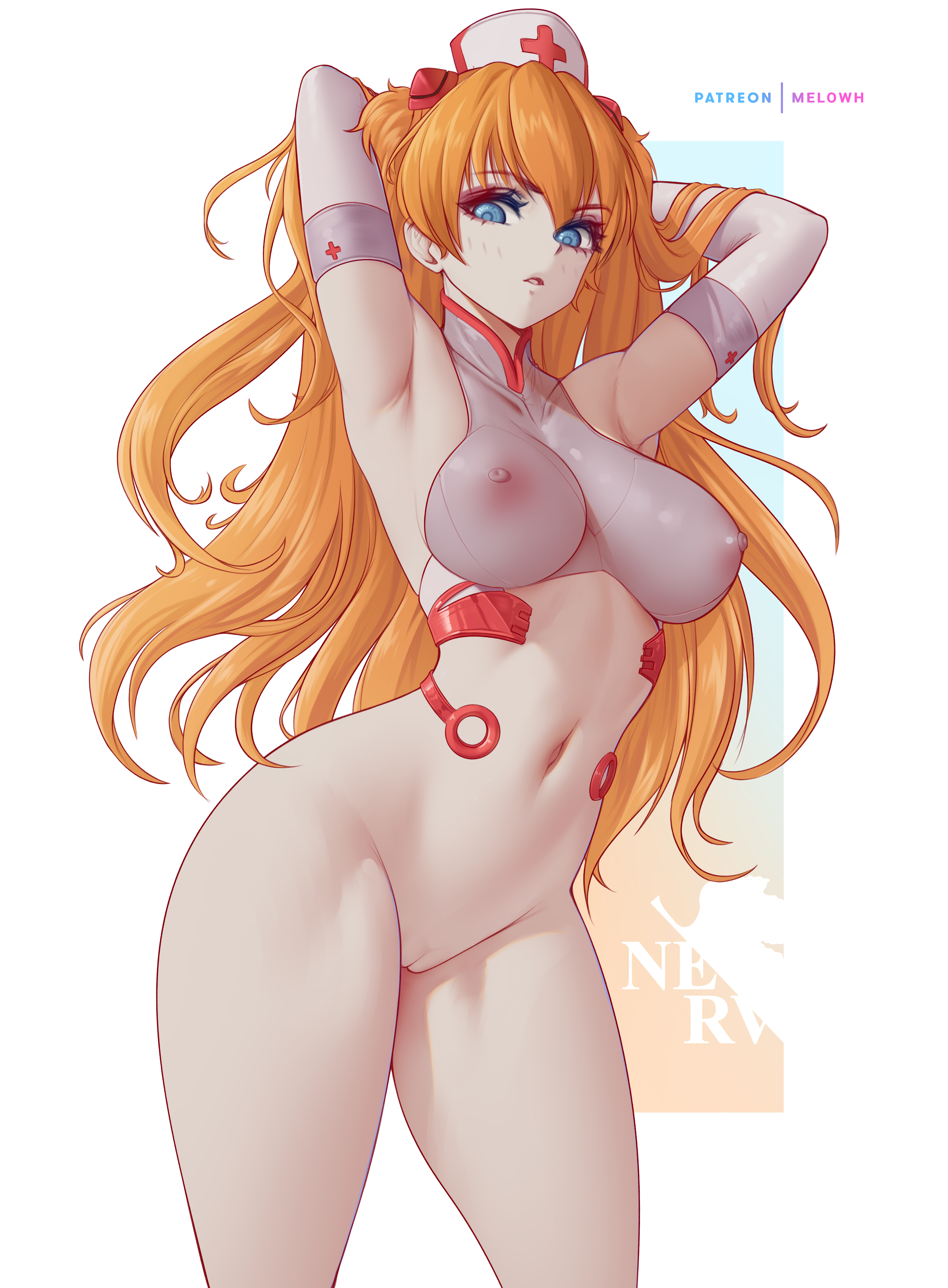 1girls, 2d, absurd res, areola slip, areolae, armpits, arms up, armwear, asuka langley sohryu, bangs, belly, belly button, big breasts, blush, blushing at viewer, breasts, cameltoe, collarbone, female, female focus, female only, gloves, hi res, highres, hourglass figure, huge breasts, large breasts, light skin, light-skinned female, long hair, looking at viewer, melowh, navel, neon genesis evangelion, nipples, no bra, no panties, nurse, nurse cap, nurse uniform, orange hair, panties, pussy, revealing clothes, see-through, see-through clothing, simple background, slim waist, solo, solo female, solo focus, thighs, topless, wide hips