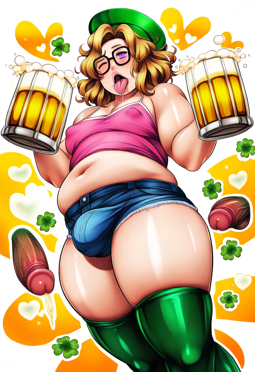 ai_generated beer belly bulge clover fat femboy glasses hot_pants man_boobs novelai plump saint_patricks_day sustaco thick_thighs