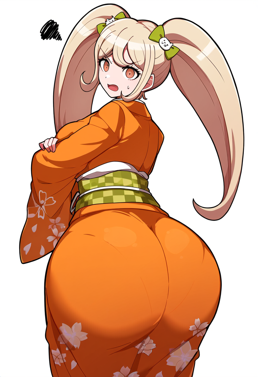 1girls ai_generated angry angry_face annoyed annoyed_expression big_ass big_butt blonde_hair brat bratty danganronpa danganronpa_2:_goodbye_despair heavy_bottom kimono looking_back novelai orange_eyes saionji_hiyoko self_upload shortstack tagme twintails