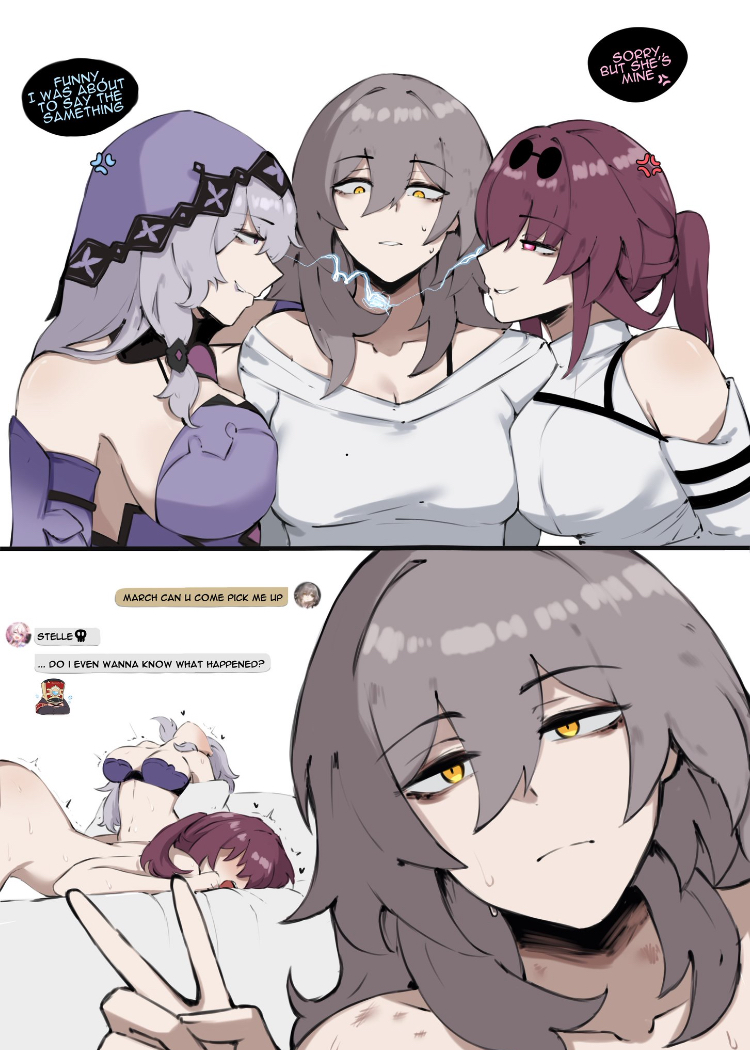 2koma 3girls after_sex anger_vein angry background bed bedroom black_swan_(honkai:_star_rail) bra bruise competition dialogue eyewear_on_head grabbing_sheets honkai:_star_rail jealous kafka_(honkai:_star_rail) looking_at_viewer masoq095 mouth_open multiple_girls peace_sign pink_eyes selfie silver_hair smile stelle_(honkai:_star_rail) sweat text yellow_eyes yuri