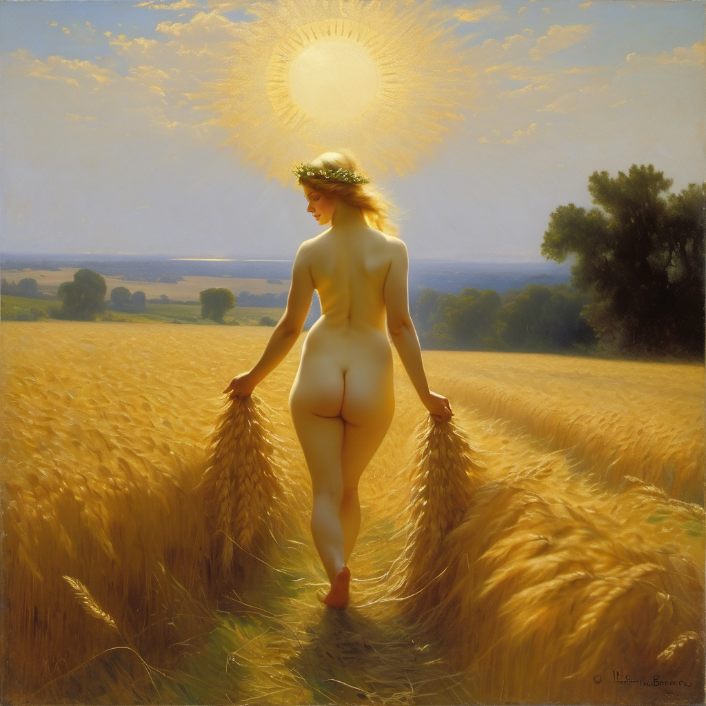 ai_generated ass back back_view big_ass blonde_hair blue_eyes curly_hair curvy field lips long_hair nude presenting realistic small_breasts smile solo sun wheat wheat_field william_bouguereau