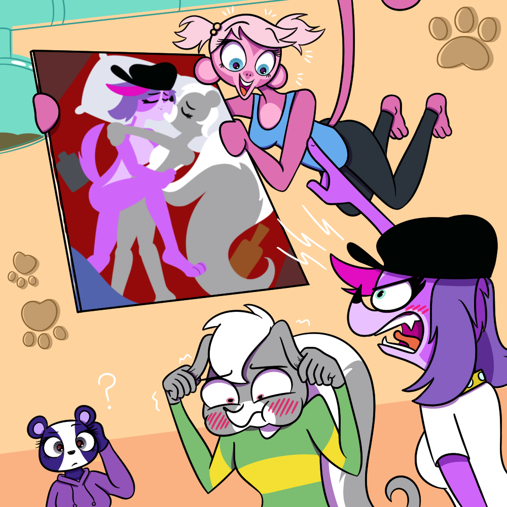 angry bear blush breasts canid canine canis domestic_dog embarrassed gesture giant_panda hand_gesture haplorhine hasbro kissing littlest_pet_shop mammal mephitid minka_mark monkey nude painting penny_ling pepper_clark pointing primate skunk zoe_trent