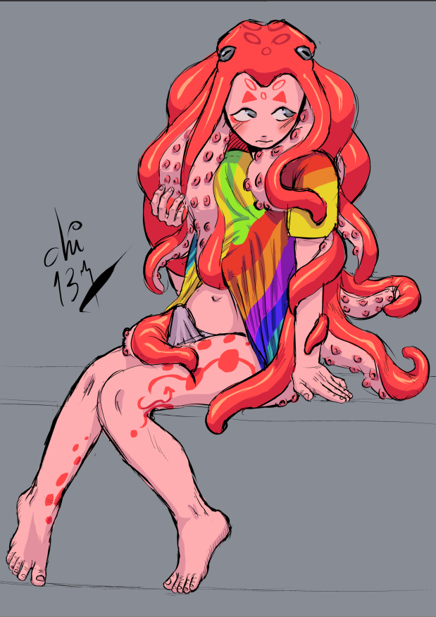 blush boy cephalopod chi_137 erection femboy grey_eyes long_hair octopodiform octopus original original_character pants pink_hair pink_skin red_hair shy simple_background solo tentacle tentacle_grab tentacle_hair tentacle_job tentacle_masturbation