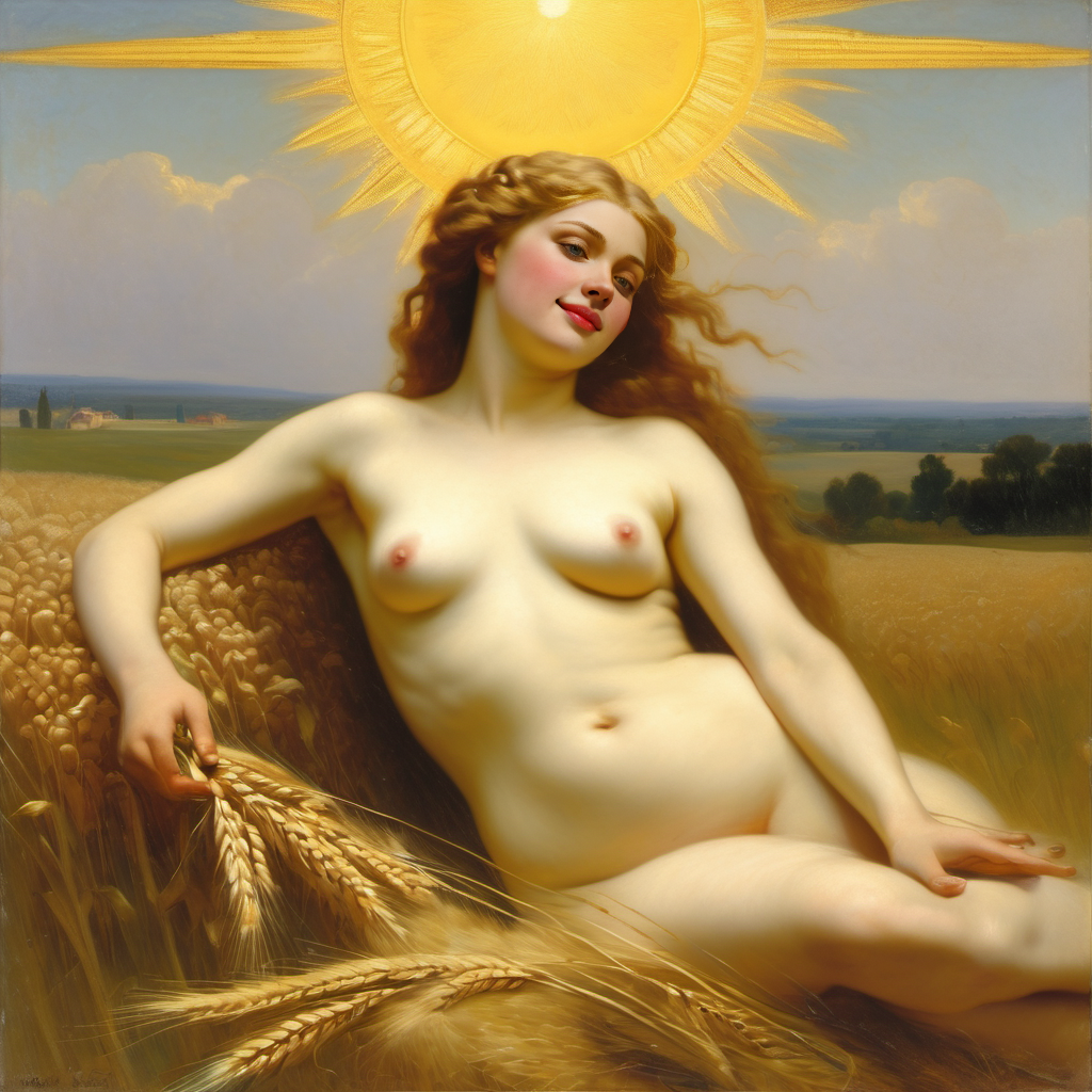 1girls ai_generated belly blonde_hair blue_eyes breasts curly_hair curvy field halo lips long_hair medium_breasts navel nipples nude presenting realistic smile solo sun wheat wheat_field william_bouguereau