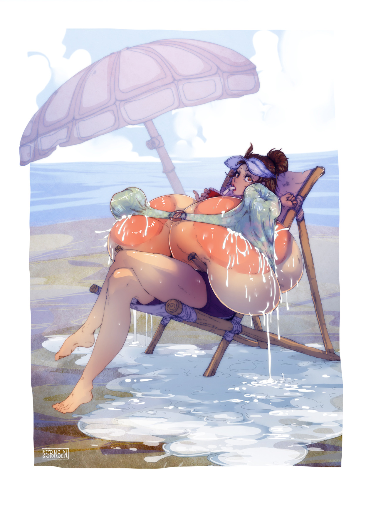 beach, breasts, bursting breasts, casual, drinking, female, female only, gigantic breasts, huge areolae, huge nipples, hyper, hyper breasts, hyper nipples, impossible clothes, lactation, overflow, pwcsponson, umbrella, wet