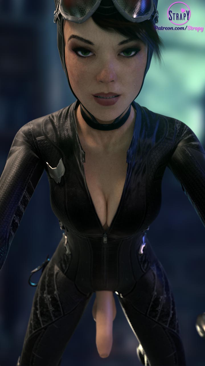1futa, 3d, batman (series), batman: arkham knight, blender, catwoman, catwoman (arkham knight), catwoman (arkham), dc, dc comics, flaccid, futa only, futanari, intersex, looking at viewer, penis, selina kyle, solo, solo futa, strapy