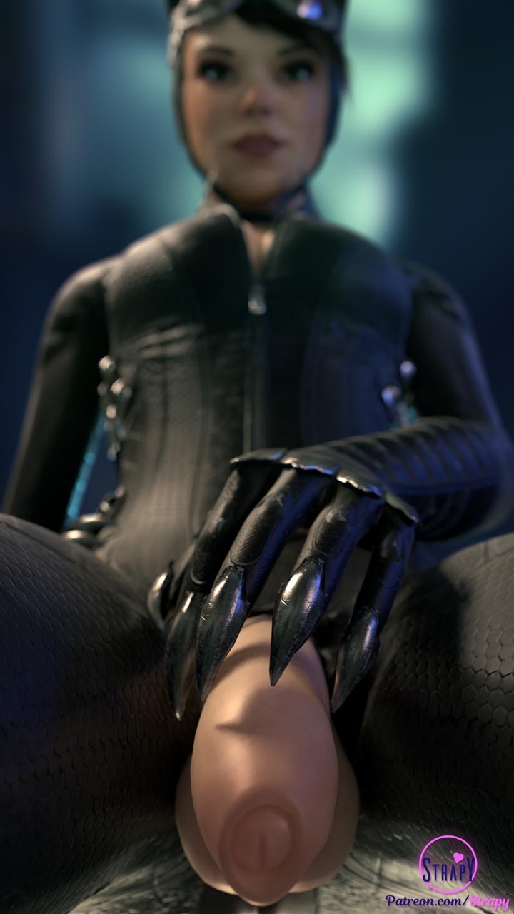 1futa, 3d, batman (series), batman: arkham knight, blender, catwoman, catwoman (arkham knight), catwoman (arkham), cock pointing towards viewer, dc, dc comics, foreskin, futa only, futanari, intersex, looking at viewer, looking down the barrel, penis, selina kyle, solo, solo futa, strapy, submissive pov, taker pov, uncircumcised, uncut