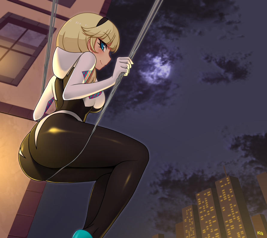 1girls, ass, blonde hair, female, female only, gwen stacy, hairband, marvel, marvel comics, outdoors, short hair, solo, spider-gwen, spider-man (series), unmasked