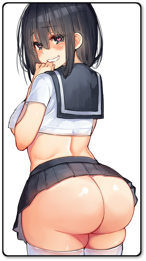 1girls ass beige_skin big_ass black_hair color dat_ass female female_only half-closed_eyes heart heart-shaped_pupils human kawakami_masaki large_ass large_breasts light-skinned_female long_hair no_panties sailor_outfit school_uniform schoolgirl solo symbol-shaped_pupils thighhighs uncensored