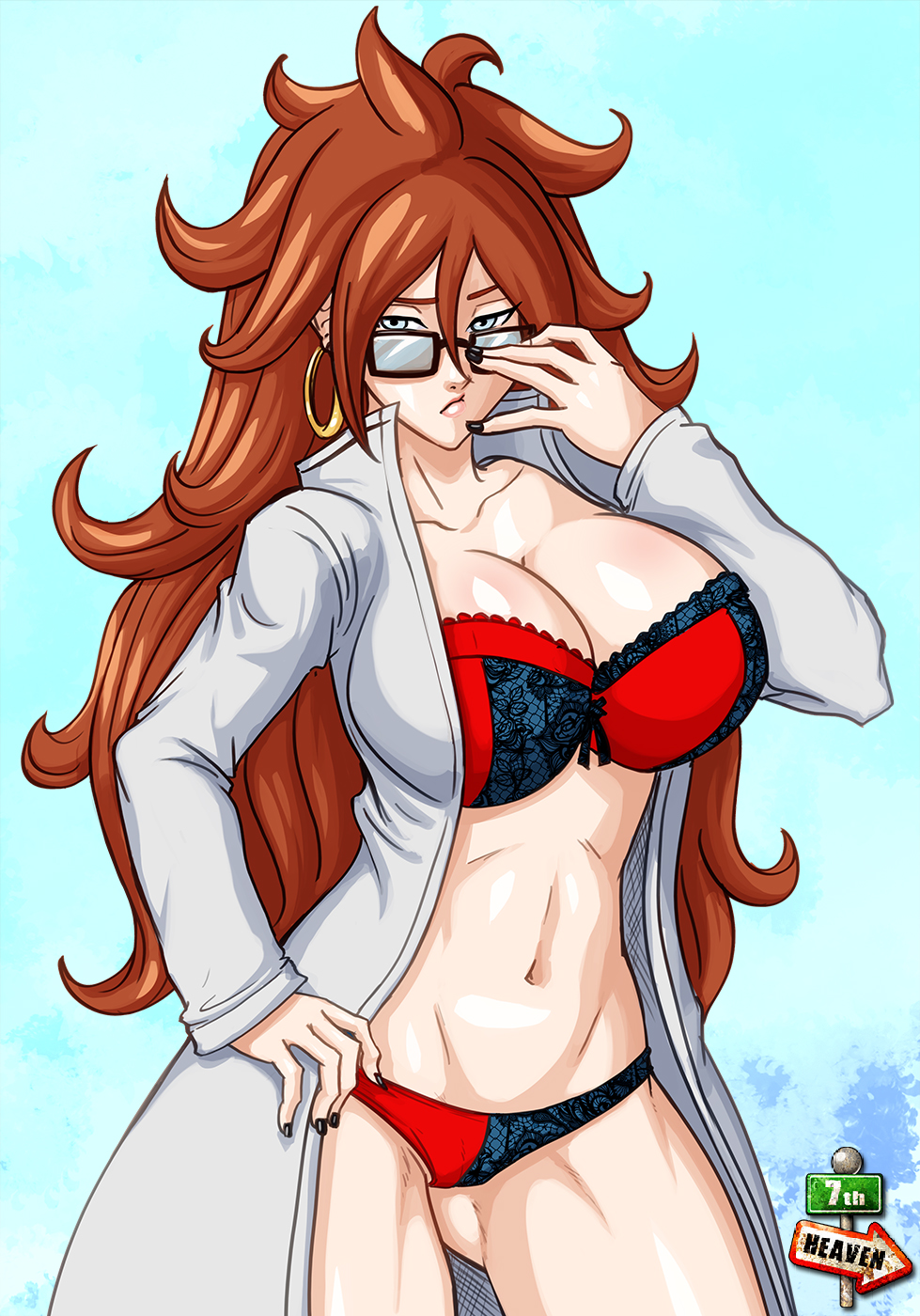 1girls, 7th-heaven, android 21, android 21 (human), big breasts, blue eyes, bra, breasts, busty, cleavage, dragon ball, dragon ball fighterz, female, female only, glasses, gynoid, hoop earrings, hourglass figure, labcoat, large breasts, looking at viewer, nail polish, open shirt, panties, scientist, solo, underwear, voluptuous, vomi (dragon ball)