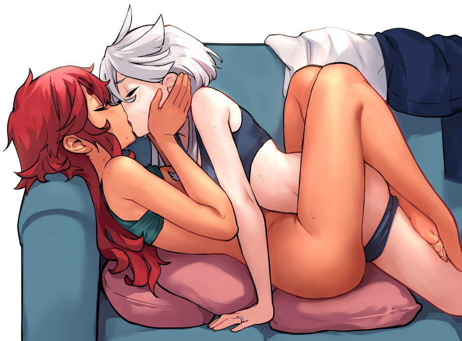 2girls barefoot bra bra_lift breasts canon_couple couch feet female/female female_on_female girl_on_girl grey_hair gundam gundam_suisei_no_majo implied_futanari implied_tribadism jewelry kissing leg_lock lesbian lesbian_kiss miorine_rembran missionary_position missionary_tribadism mitsu_(tendou_itsuki) multiple_girls panties panty_pull pillow red_hair ring short_eyebrows sports_bra suletta_mercury sweat thick_eyebrows toes tribadism underwear unworn_clothes wedding_ring wholesome wife_and_wife yuri