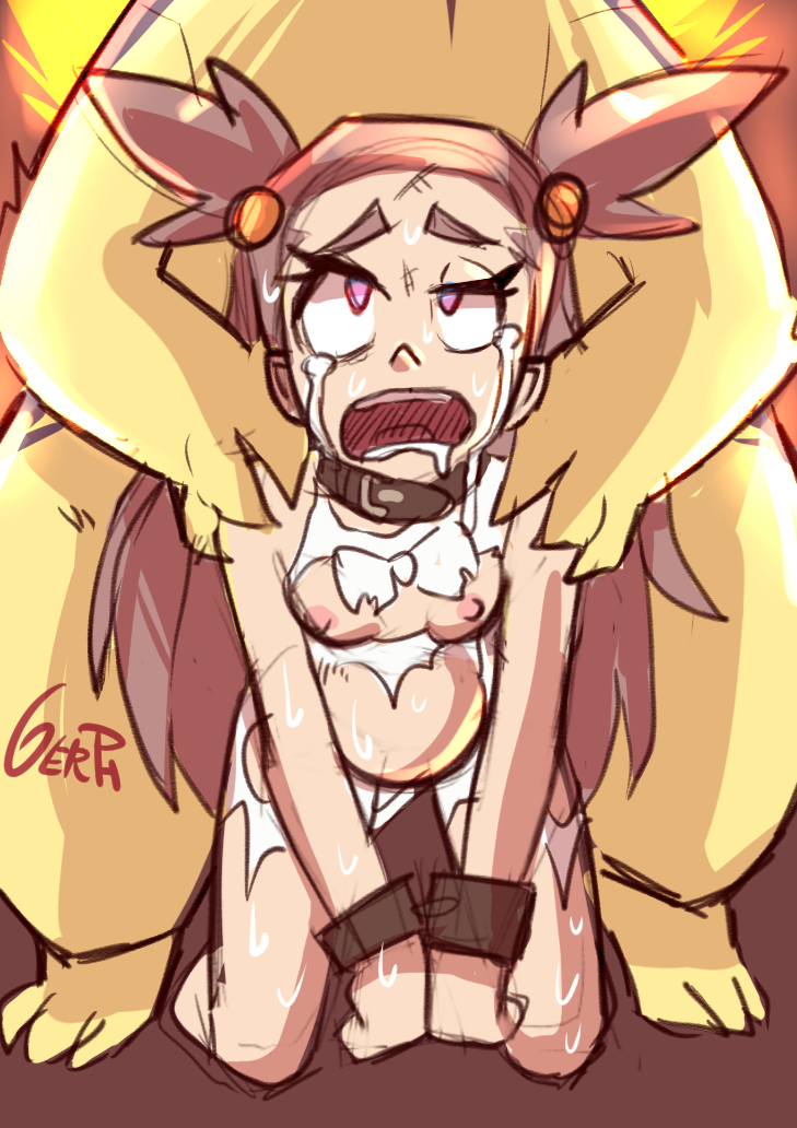 1girls, ahe gao, all fours, bondage, bound, bound wrists, breasts, brown hair, clothing, doggy style, dominant feral, drooling, female, female on feral, feral, from behind, gerph, handcuffs, human on feral, jasmine (pokemon), long hair, male, male pokemon/female human, nintendo, nipples, open mouth, pokemon, pokemon (species), pokephilia, pregnant, rape, restrained, small breasts, spread legs, stomach bulge, sweat, tears, torn clothes, typhlosion, zoophilia