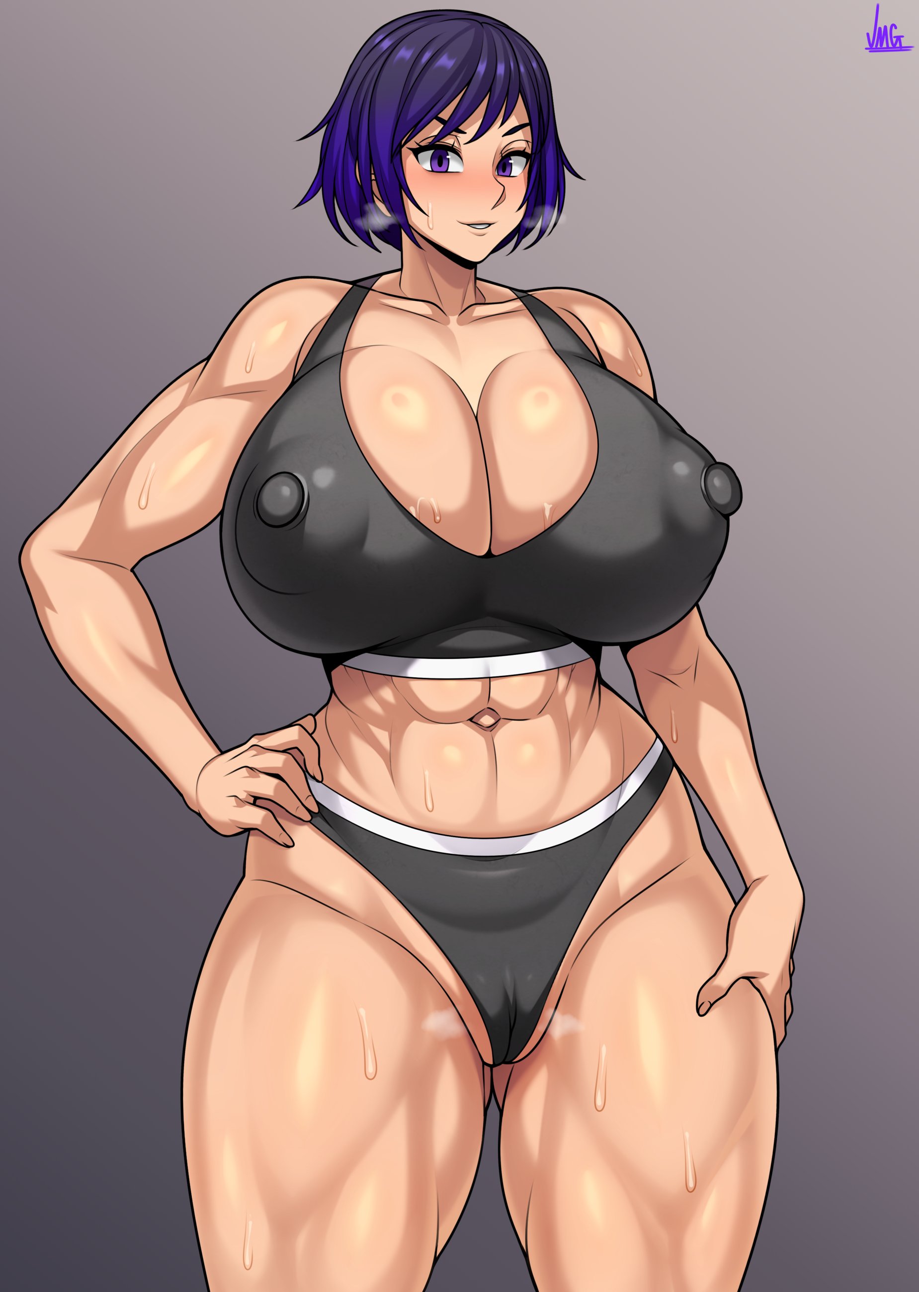 1girls, 2d, 2d (artwork), abs, alternate breast size, big breasts, breasts, busty, cleavage, curvaceous, curvy, curvy body, curvy female, curvy figure, erect nipples, female, female only, hand on hip, huge breasts, jmg, large breasts, namco, nipples, reina mishima, solo, sports bra, tekken, tekken 8, thick thighs, thighs, toned, toned body, toned female, voluptuous