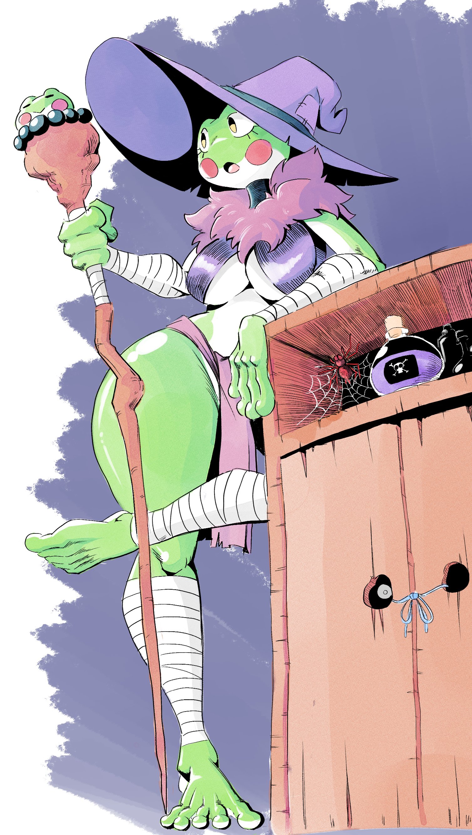 big breasts, breasts, female, frog girl, grefina (noirchaton4), noirchaton4, thick thighs, wide hips, wizard hat, wizard staff