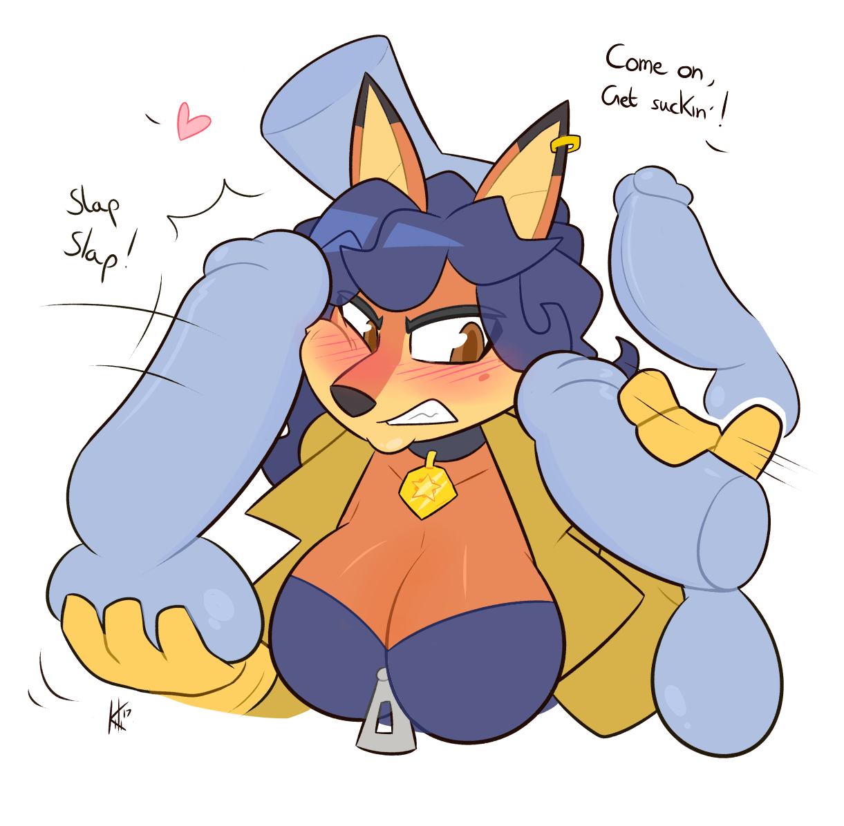 badge, balls, balls fondling, blush, carmelita fox, collar, disembodied penis, female, gloved handjob, gloves, handjob, kilinah, male, multiple penises, penis, penis grab, penis on face, sly cooper (series), smooth fur, tagme, video games, zipper pull tab