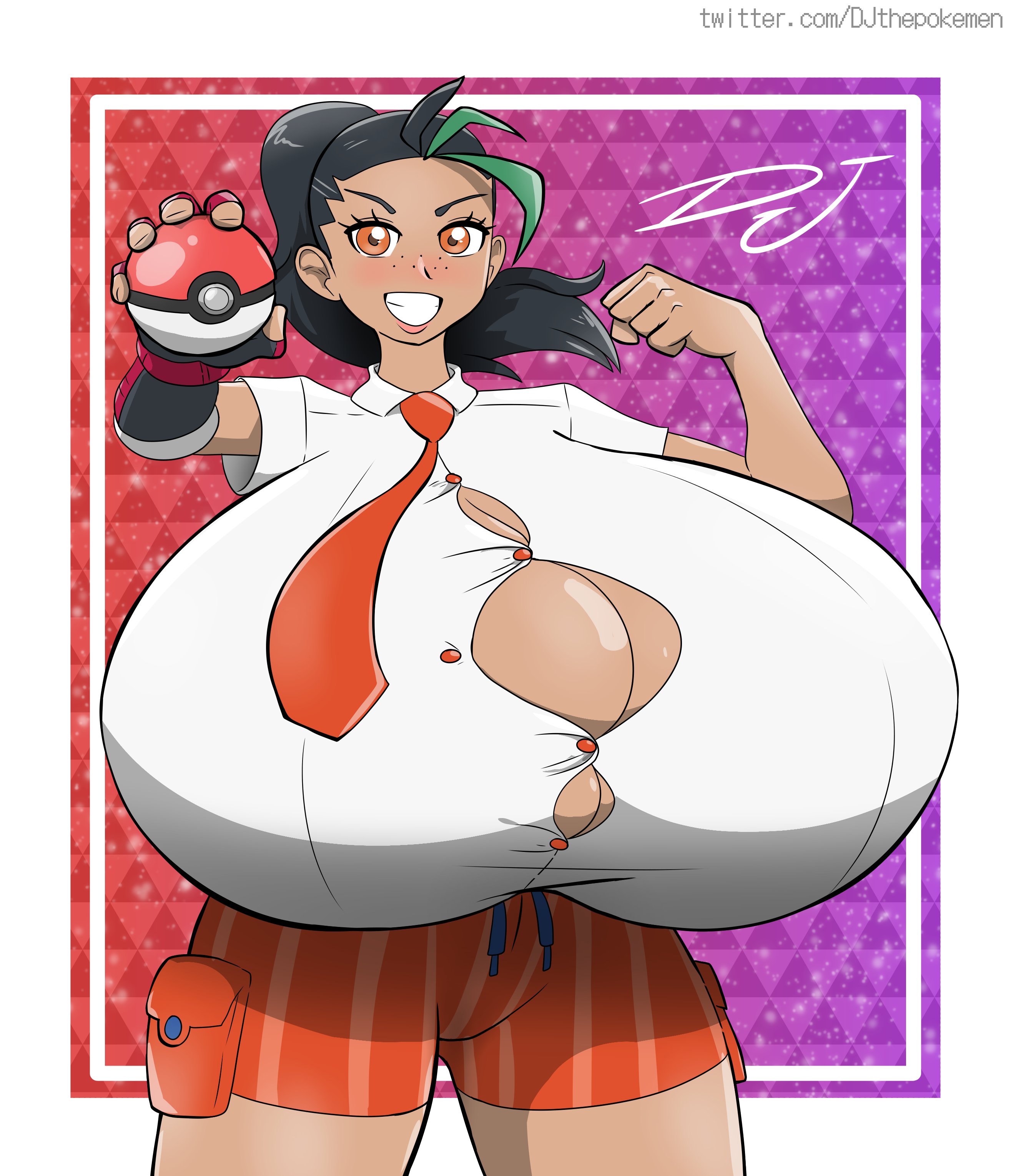 1girls, alternate breast size, big breasts, breasts, busty, curvaceous, curvy, curvy body, curvy female, curvy figure, djthepokemen, female, freckles, freckles on face, game freak, huge breasts, hyper, hyper breasts, large breasts, necktie, nemona (pokemon), nintendo, pokeball, pokemon, pokemon (game), pokemon sv, ponytail, school uniform, schoolgirl, schoolgirl uniform, standard pokeball, thick thighs, thighs, tie, voluptuous