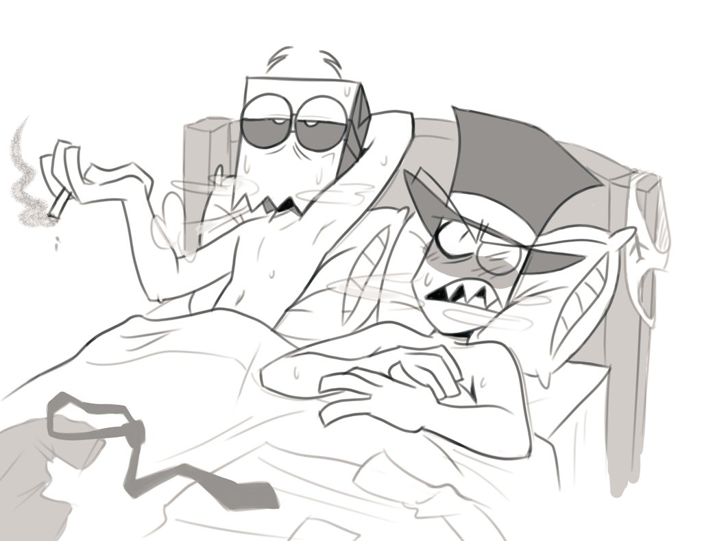 2023 2boys after_sex after_sex_smoking bed black_hat_(villainous) blush cartoon_network dr._flug_(villainous) duo eyewear gay goggles grey_background half-closed_eyes hat headgear headwear humanoid i_love_when_people_draw_ships_like_this_actually_(meme) lying male male/male male_only monocle narrowed_eyes on_back open_mouth orengejoshi paper_bag pillow sharp_teeth simple_background smoking sweat teeth top_hat topless underwear villainous yaoi