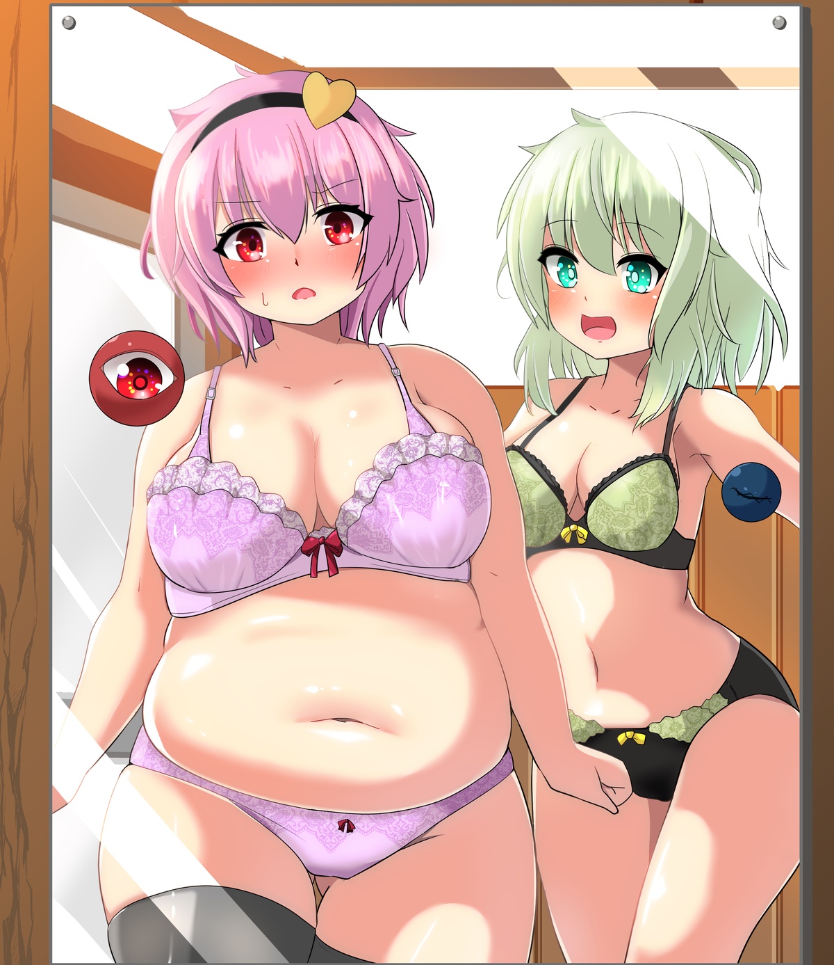 ass, bbw, belly overhang, big belly, big female, blush, bra, chubby, chubby female, embarrassed, fat, fat ass, fat female, fat fetish, fatty, female, giantess, green bra, green hair, koishi komeiji, large female, mini giantess, obese, obese female, overweight, overweight female, panties, pig, pink bra, pink hair, plump, pork chop, satori komeiji, surprised, sweatdrop, thick thighs, touhou, tubby, weight gain