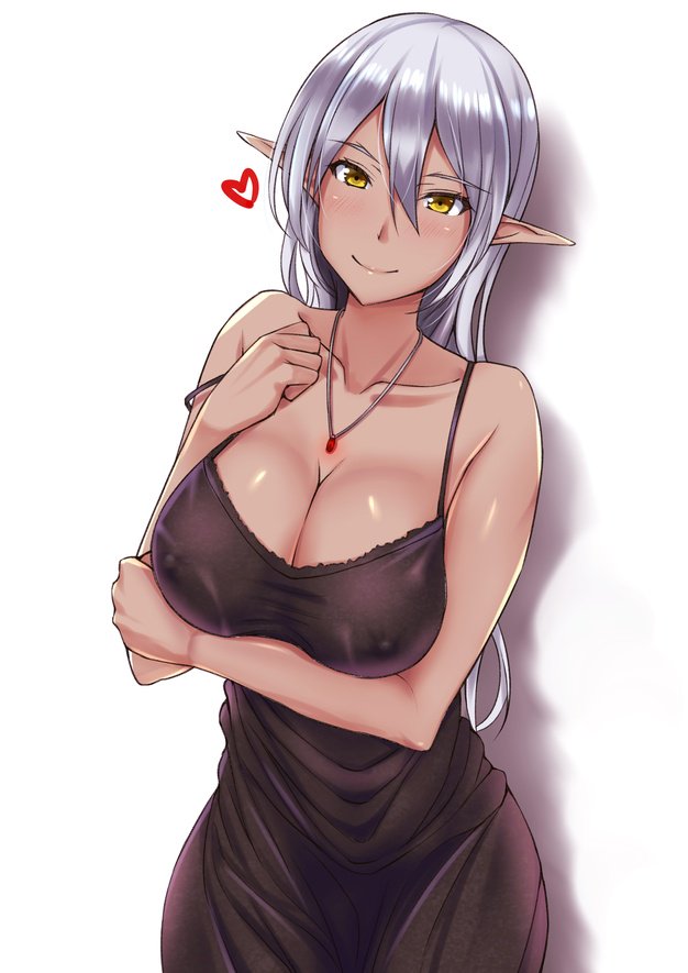 black dress, brown skin, elf, female, white hair