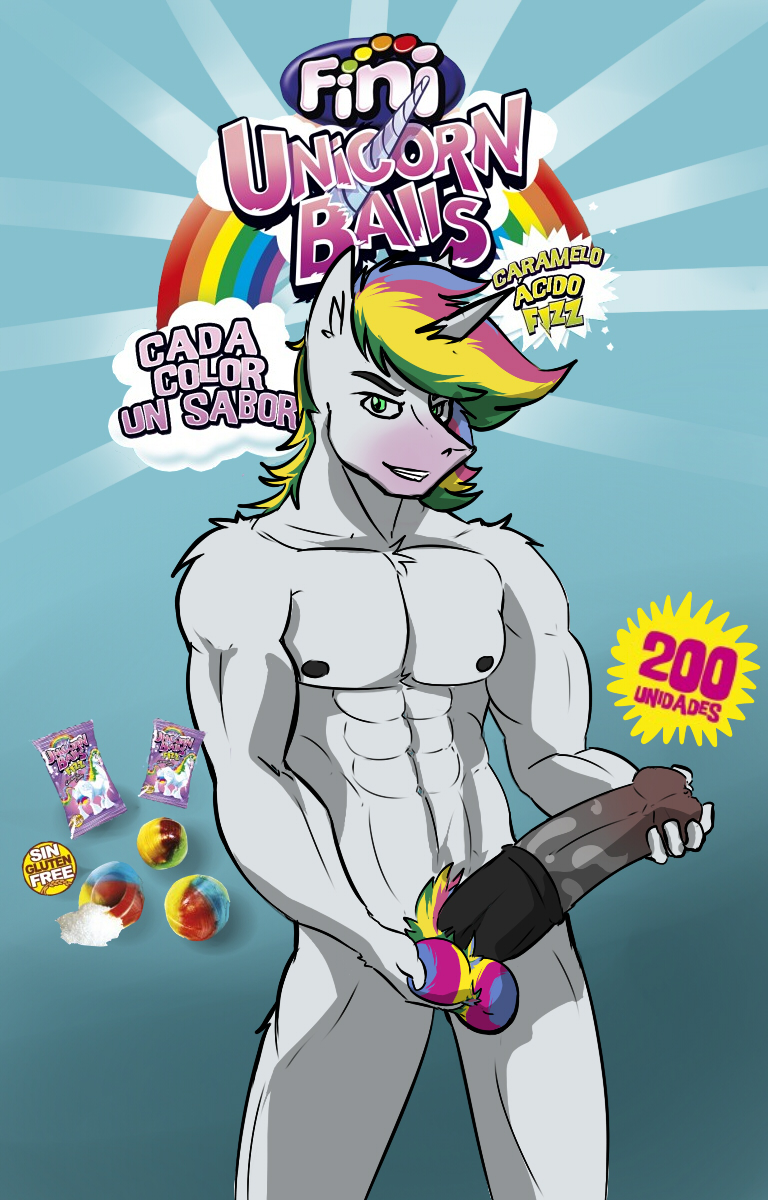 advertisement animal_genitalia animal_penis arrwulf blue_eyes candy equine equine_penis erection fondling food fur horn horsecock male male_only mammal muscular penis pink_muzzle pubes rainbow_balls rainbow_mane rainbow_pubic_fur unicorn white_fur