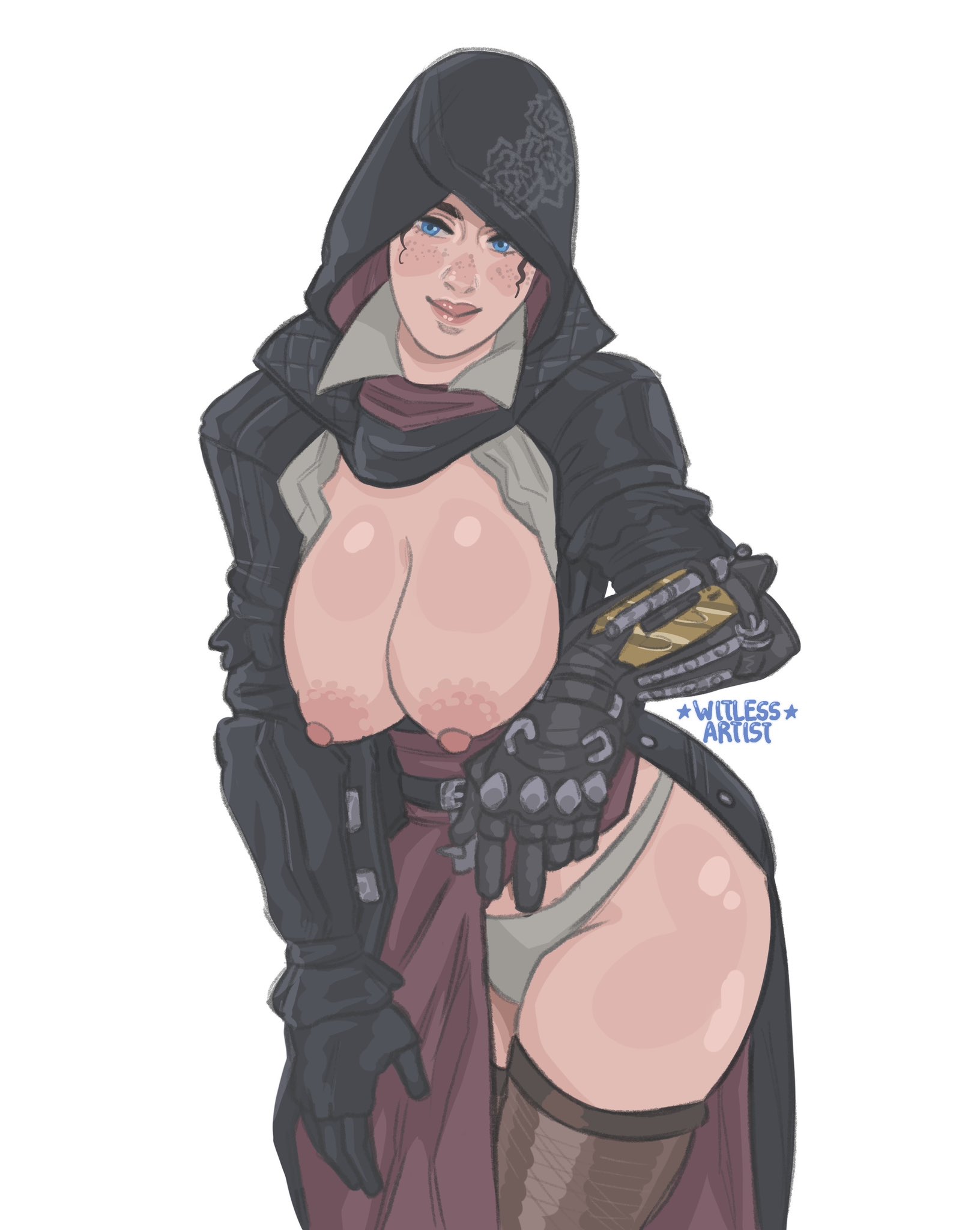 1girls, 2d, antiwitless (artist), assassin, assassin's creed (series), assassin's creed syndicate, big breasts, blue eyes, breasts, breasts out, british, british female, busty, evie frye, female, female only, female protagonist, freckles, hood, huge breasts, large breasts, light skin, light-skinned female, nipples, panties, smile, smiling, solo, solo female, thigh highs, thighhighs, witlessartist