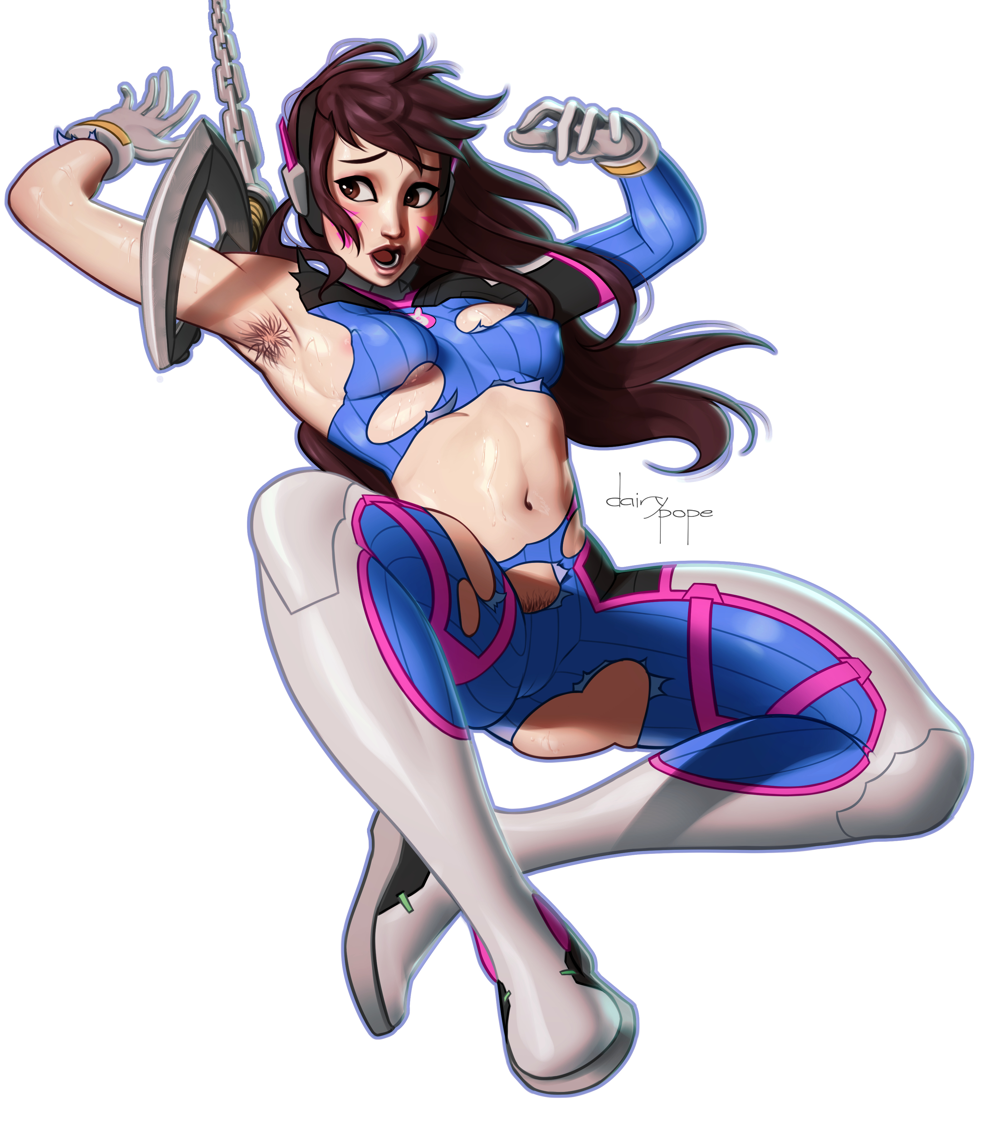 1girls, armpit fetish, armpit hair, armpits, d.va, female, female armpit hair, female focus, female only, hairy armpits, light skin, light-skinned female, looking at viewer, overwatch, overwatch 2, pale skin, pale-skinned female, pope of dairy, ripped bodysuit, ripped clothing, solo, solo female, solo focus