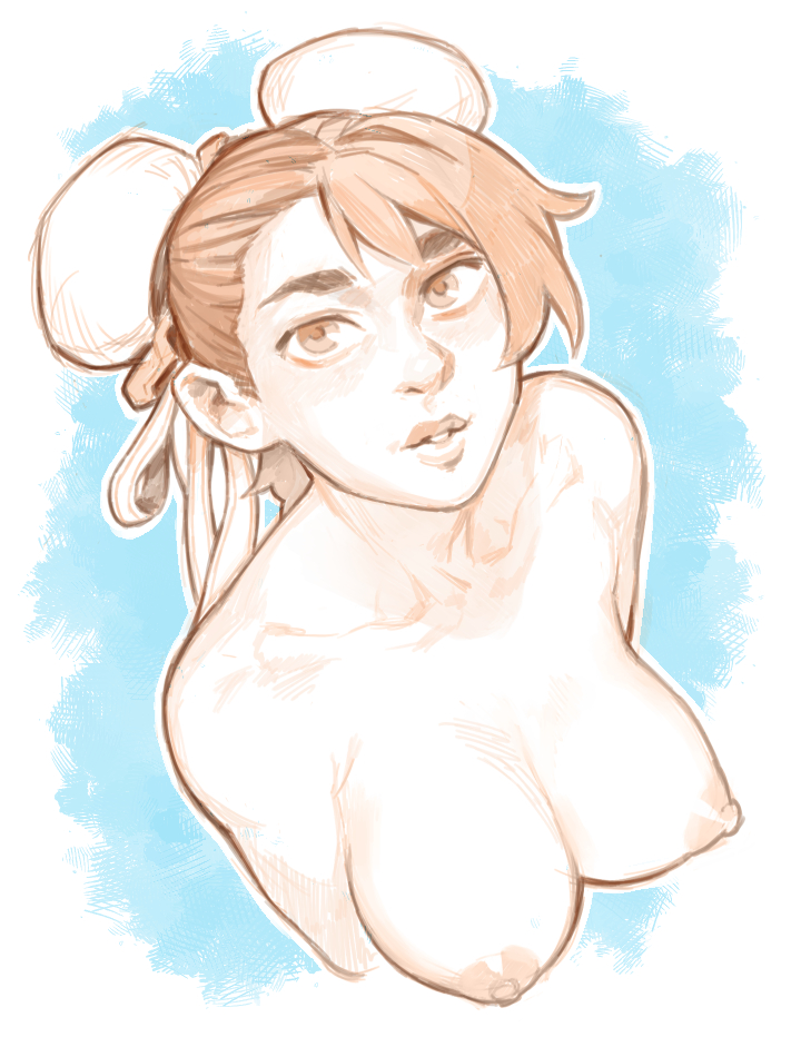 1girls, big breasts, big nipples, breasts, bust, bust portrait, chun-li, collarbone, completely nude, effyneprin, female, hair ornament, huge breasts, looking at viewer, nude, short hair, sineprin, sketch, solo, street fighter